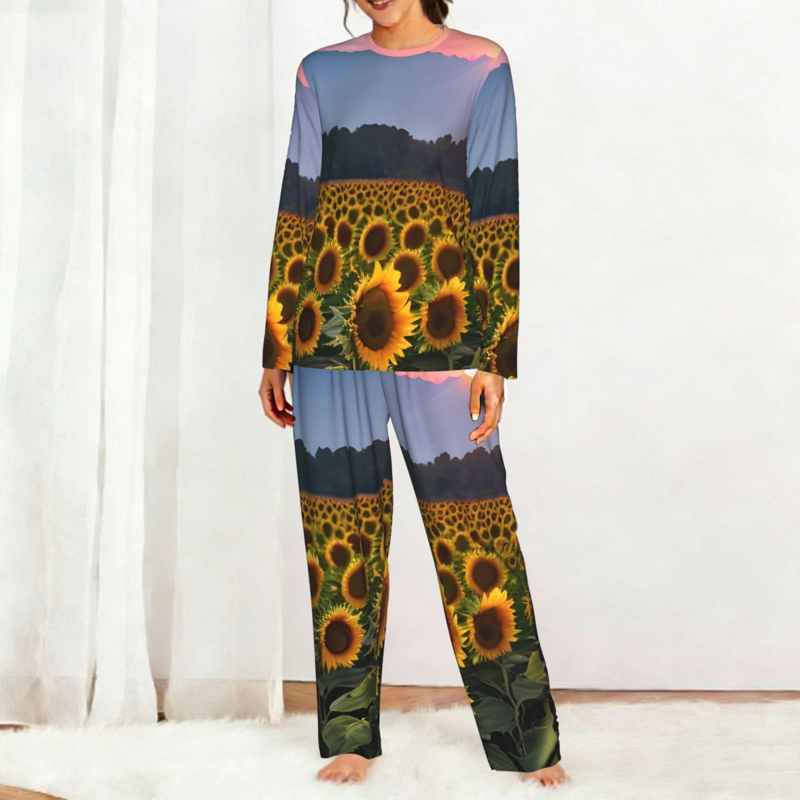 Sunflower Sun Stampa Donne Manica Lunga Pigiama Corrispondente Set Morbido Casa Lounge Sleepwear Yoga Viaggio