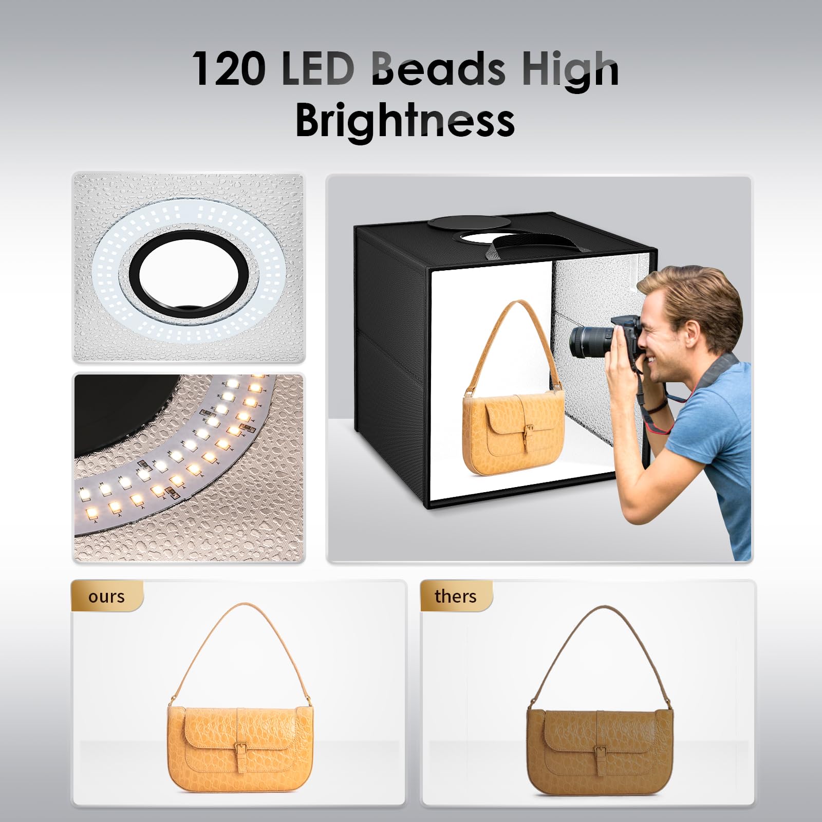 Light Box Fotografico Set,VAYOTOY Luminosa per Studio Fotografico Portatile, Tenda Fotografica Pieghevole Portatile Box Fot 120 Luci LED Fimmerabili,6 Sfondi Colorati Adatto (30×30×30 CM)