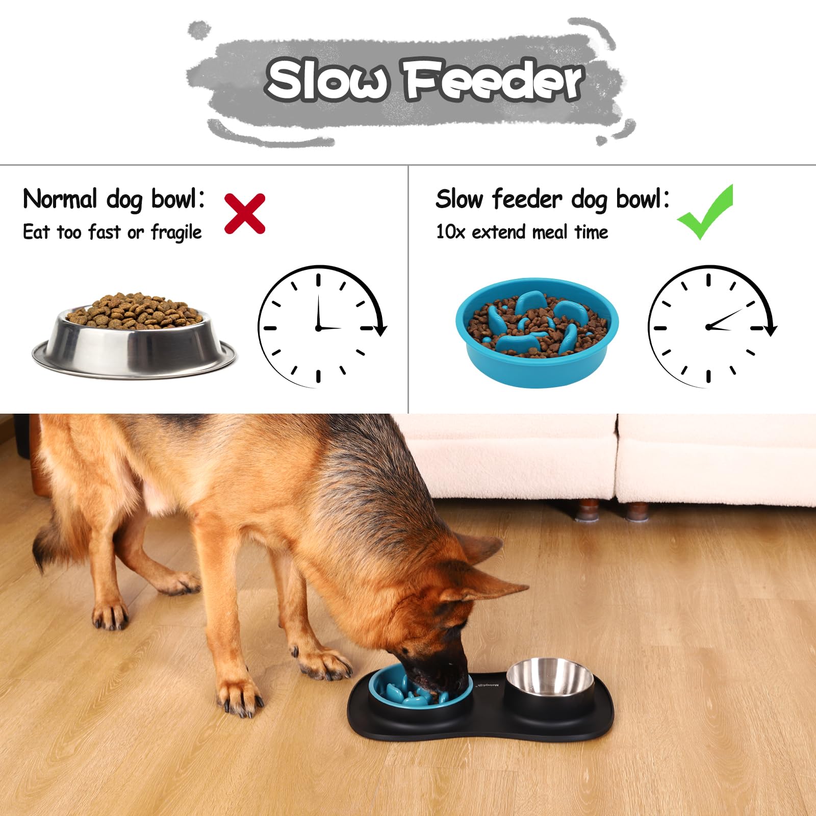 MateeyLife Ciotola Anti Ingozzamento e Ciotola per Cani 3 in 1, Set per Cani e Gatti in Acciaio Inossidabile con Tappetino in Silicone, Ciotola Lenta per Razze Piccole, Medie e Grandi