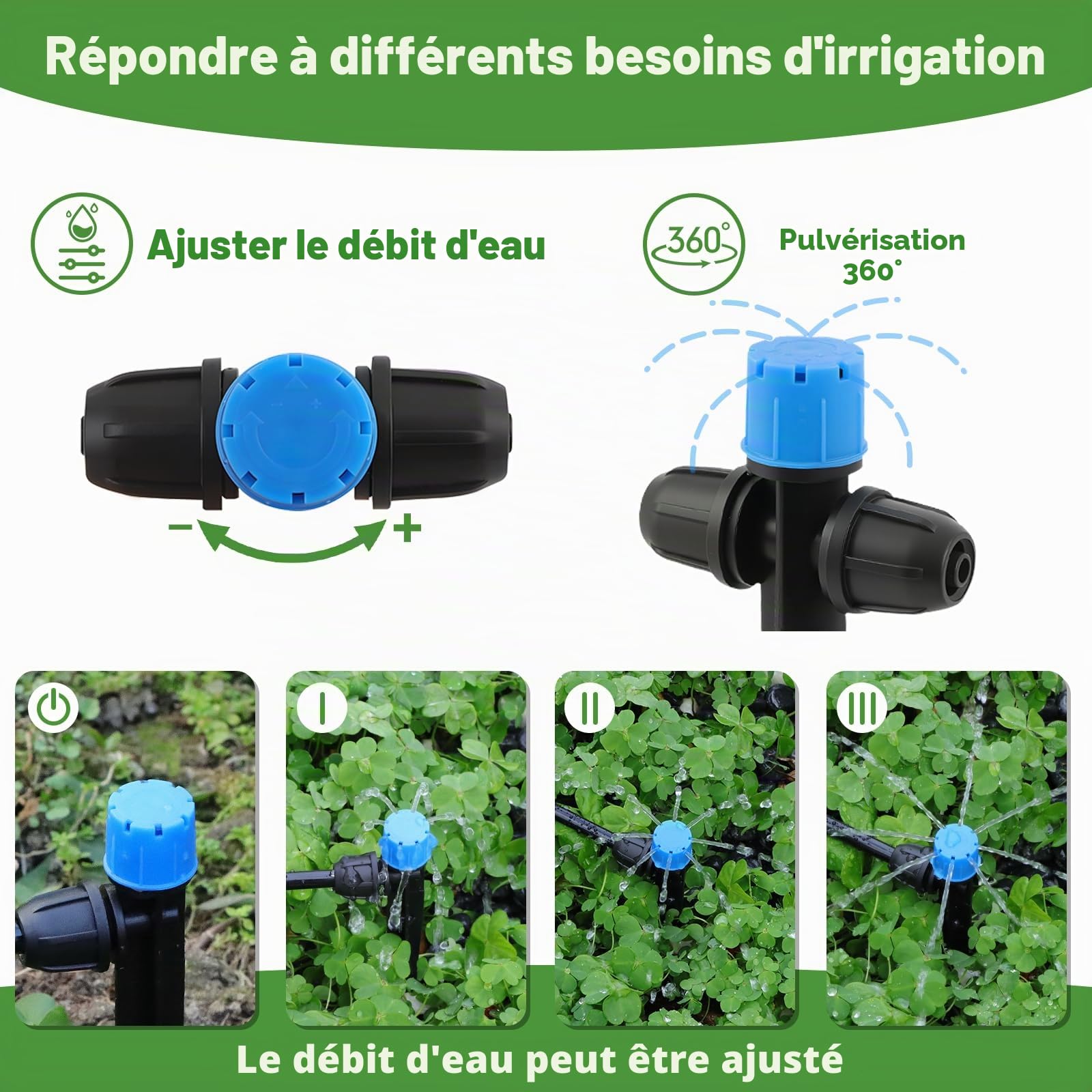 Kalolary Lot de 35 émetteurs d'irrigation goutte à goutte, 2 formes, pièces de pulvérisateur d'irrigation goutte à goutte verrouillées pour tube de 6,35 mm, réglable à 360 degrés, 8 trous avec verrou