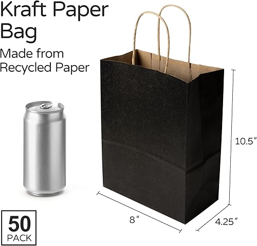 Miniatura 2 de PakTalk Paquete de 50 bolsas de regalo de 8 x 4.25 x 10.5 pulgadas, bolsas de papel negras medianas con asas para almuerzo, compras, pequeñas