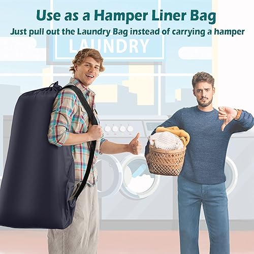 Miniatura 3 de Bolsa de lavandería resistente, paquete de 2 bolsas de lavandería de nailon XL con correas, organizador grande de ropa sucia lavable con cierre de