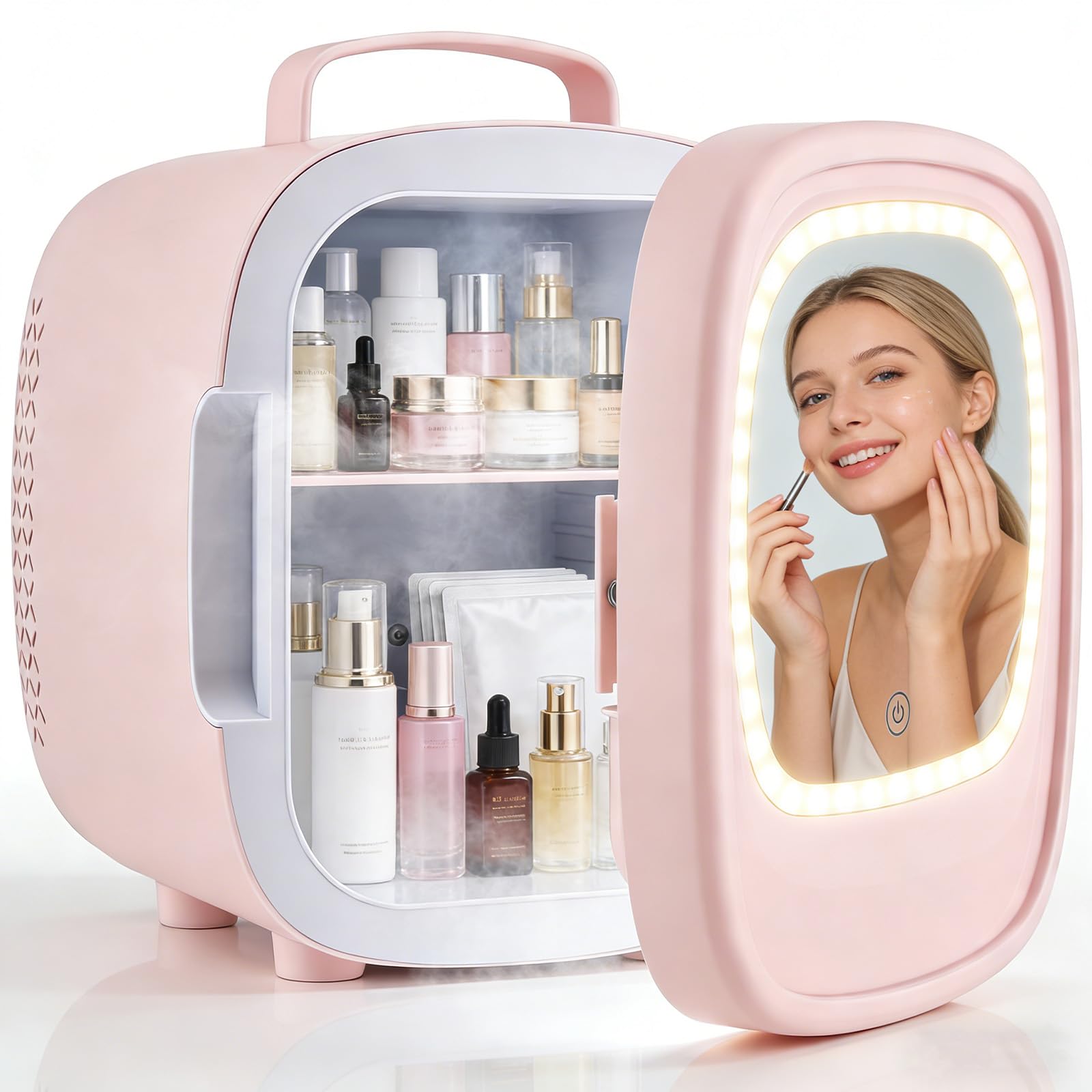 Mini Réfrigérateur 6L, Mini Frigo Cosmétique avec Miroir LED, Portable Thermoelectrique Chauffe & Refroidisseur, AC/DC pour Chambre, Soins de la Peau, Boissons, Bureau, Dortoir et Voiture (Rose)