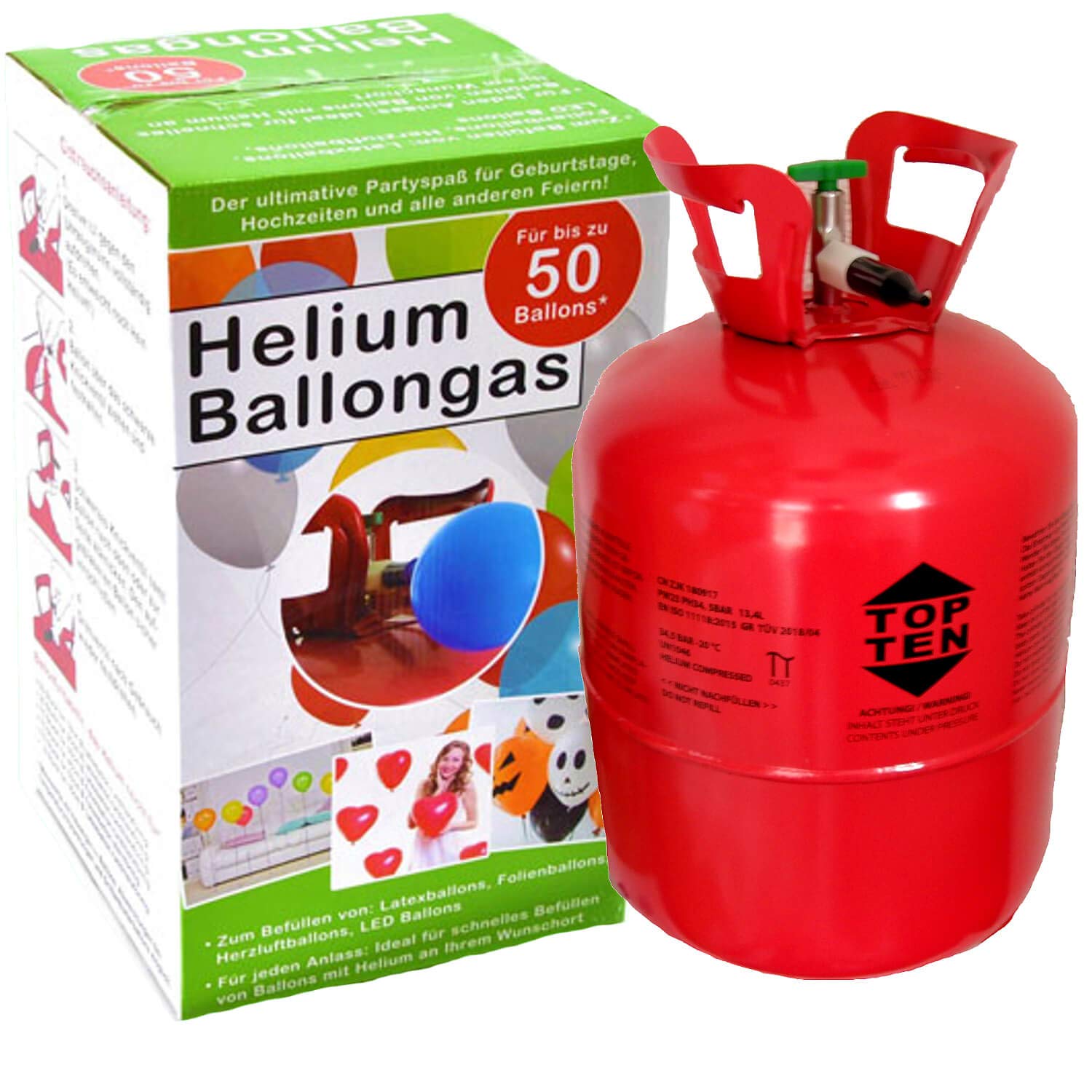 TOP TEN Helium Ballongas für bis zu 50 Luftballons inkl. 100 Stück Latex Luftballons 0,36m³