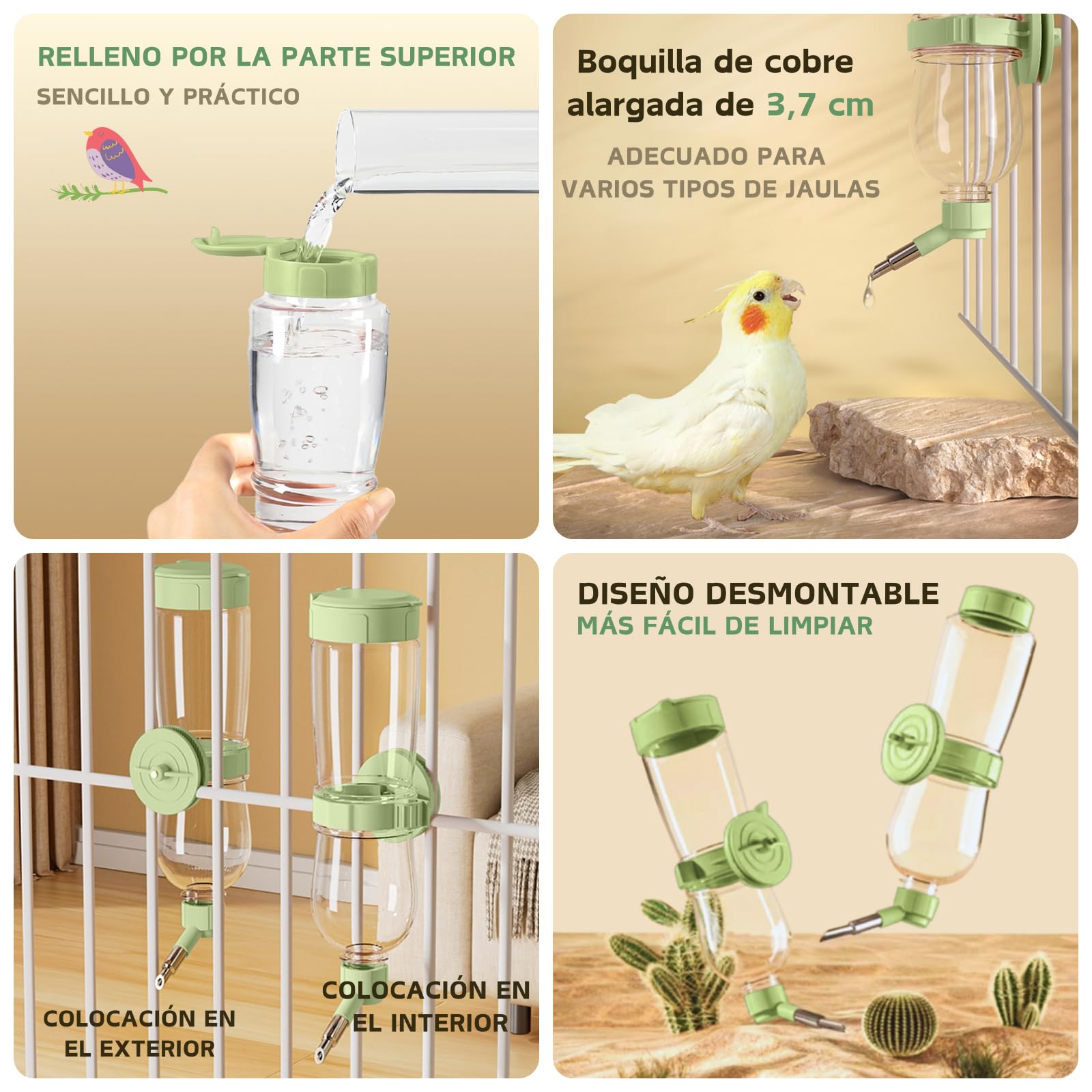 Juego de Bebedero y Comedero para Pájaros, Alimentador Automático con Percha para Jaula para Periquitos, Canarios, Ninfas, Pinzones y Budgerigars (Verde)