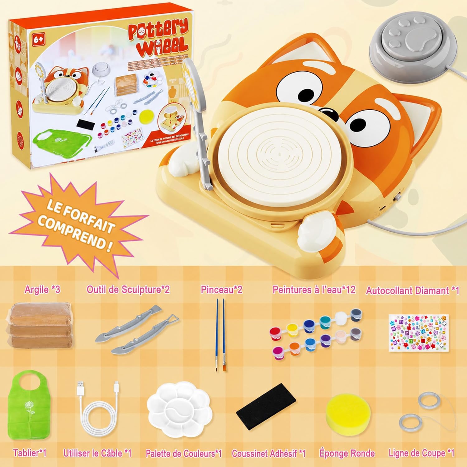 Kit Poterie Enfant - Jouet Tour de Potier Électrique - Atelier de Poterie Complet pour Débutants 6+ Ans avec 3 x Argile Auto Séchante – Activité Manuelle Enfant Cadeau pour Garçons/Filles (Chiot)