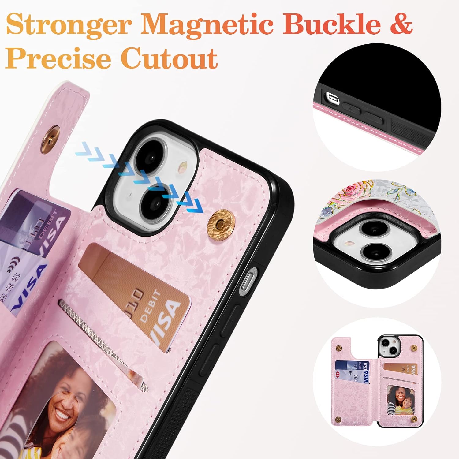 UEEBAI Wallet Case for iPhone 15 with Card Holders, PU Leather Cover Kickstand RFID Blocking Double Magnetic Clasp Rilievo Flower Shockproof Flip Case for Women Girls - Purple Rose - Image 5