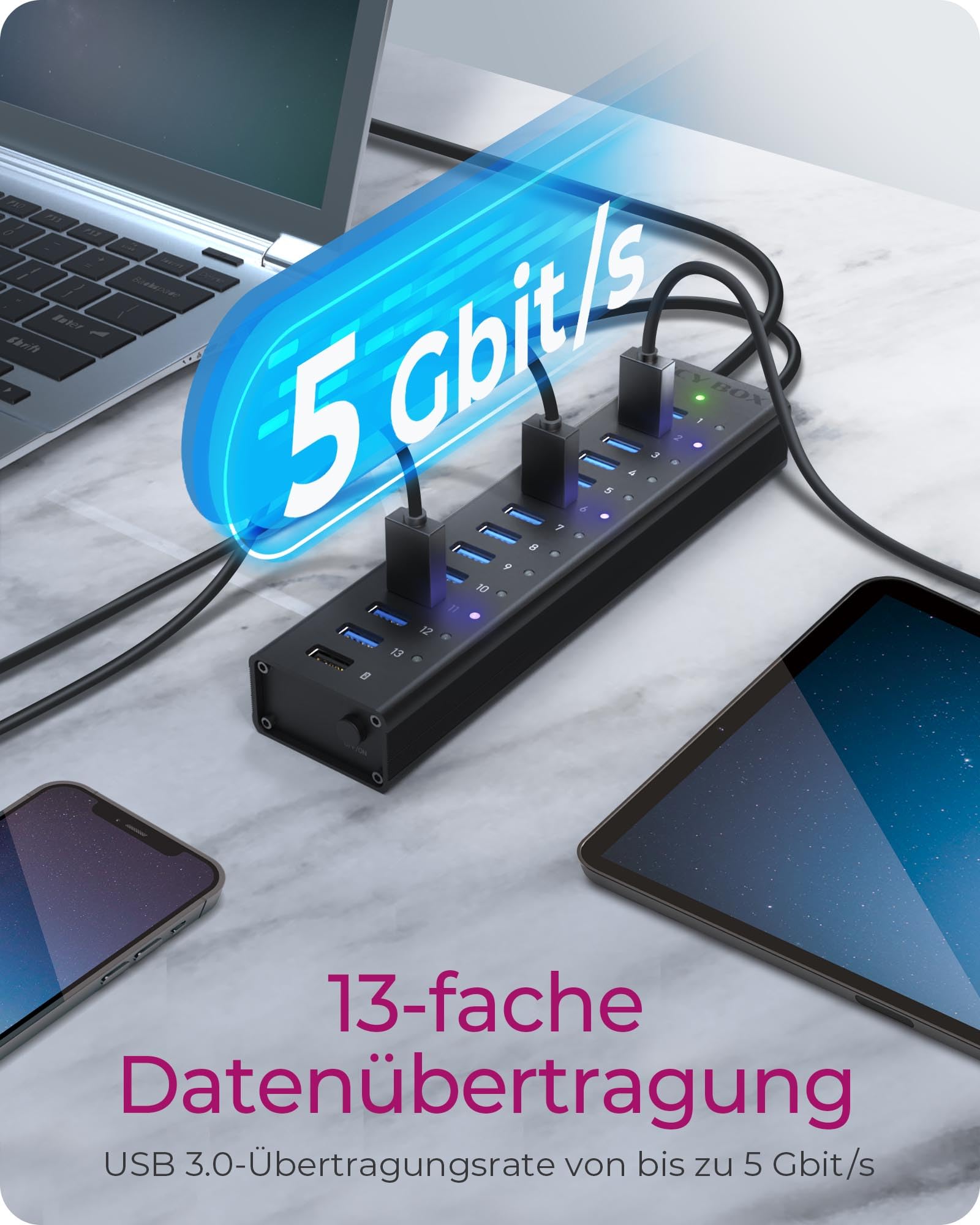 ICY BOX IB-AC6113 Hub USB 3.0 de 13 Puertos con Adaptador de Corriente de 12 V / 5 A, Carcasa de Aluminio y Puerto de Carga USB Negro