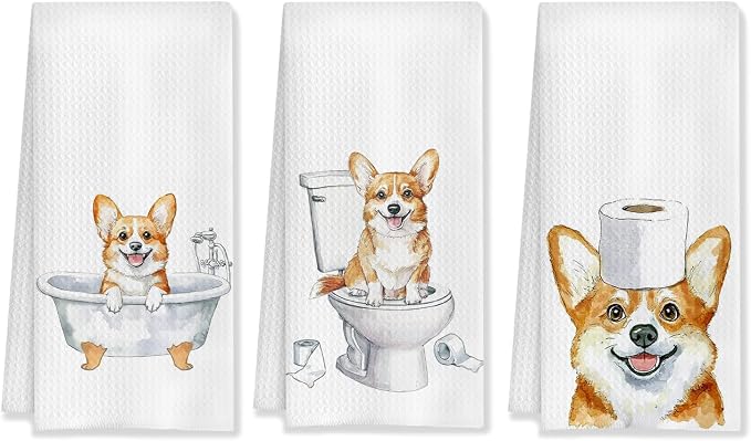 HUGANE Funny Corgi Bathroom Hand Towels Set of 3, Corgi Decor Hand Towels for Bathroom, Corgi Gifts for Corgi Lovers Kids, Corgi Mom Gifts, Kids Bathroom Decor, Dog Bathroom Decor, 16x24 Inch