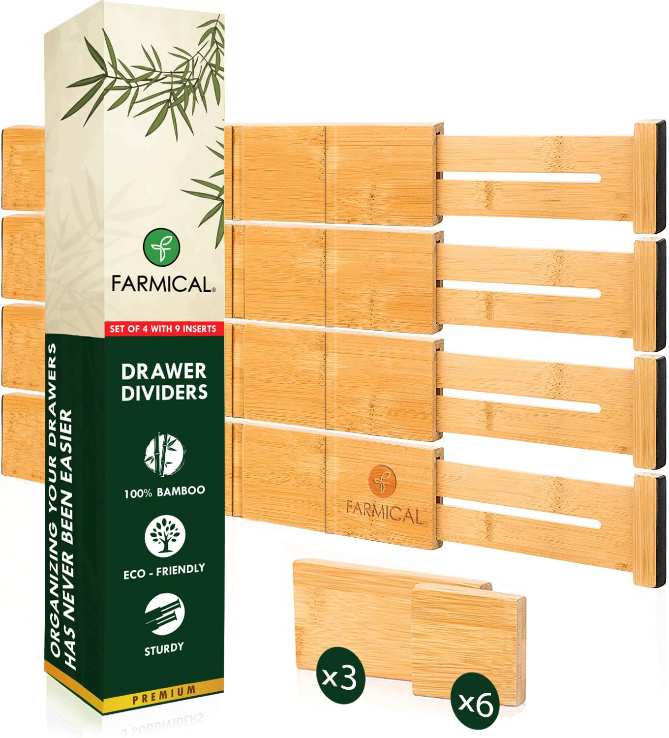 Farmical Kitchen Drawer Organizer and Divider - Expandable from 16.95"-22" with 4 Dividers and 9 Inserts, Wooden Bamboo Tray for Cutlery, Spoon, Wardrobe, Drawer Organiser Separators - Large