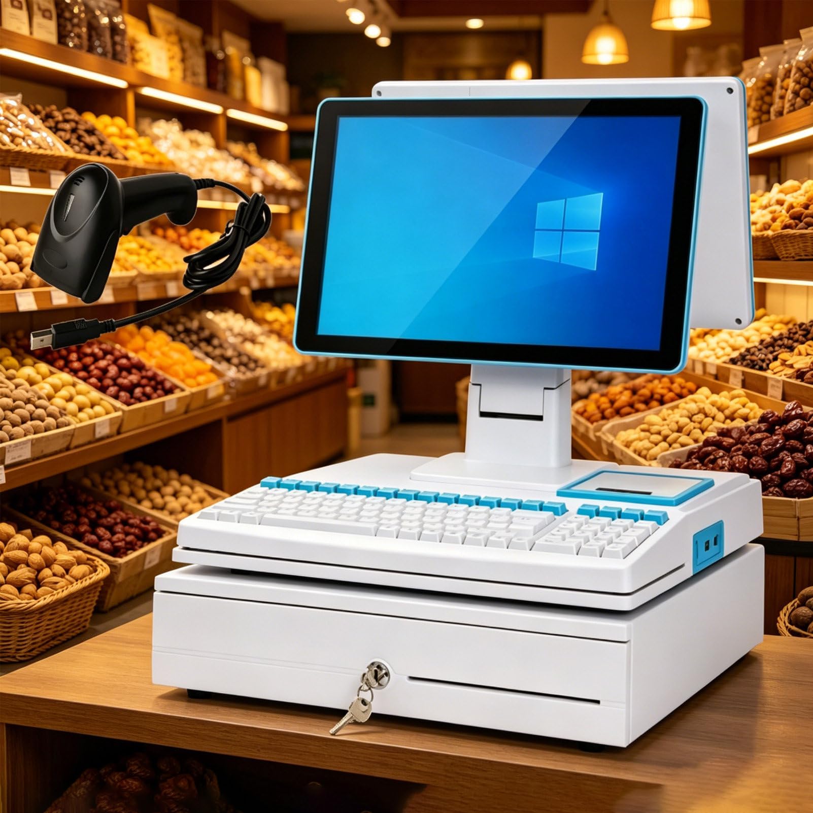 Pvxa White Smart Cash Register, All-In-One Cash Register With 15.6" Touch Screen Monitor, With Cpu I3, 4 Gb Ram, 64 Gb Ssd, Windows 10, For Retail And Restaurant Dualscreen