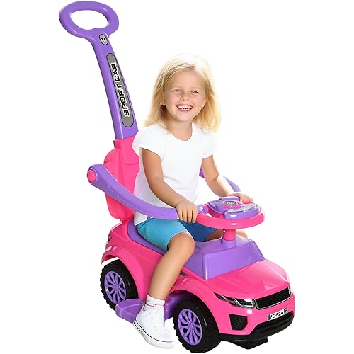 Aosom 2 in 1 Push Cars for Toddlers Kid Ride on Push Car Stroller Sliding Car with Horn Music Light Function Secure Bar Ride on Toy for Boy Girl 1-3 Years Old Pink