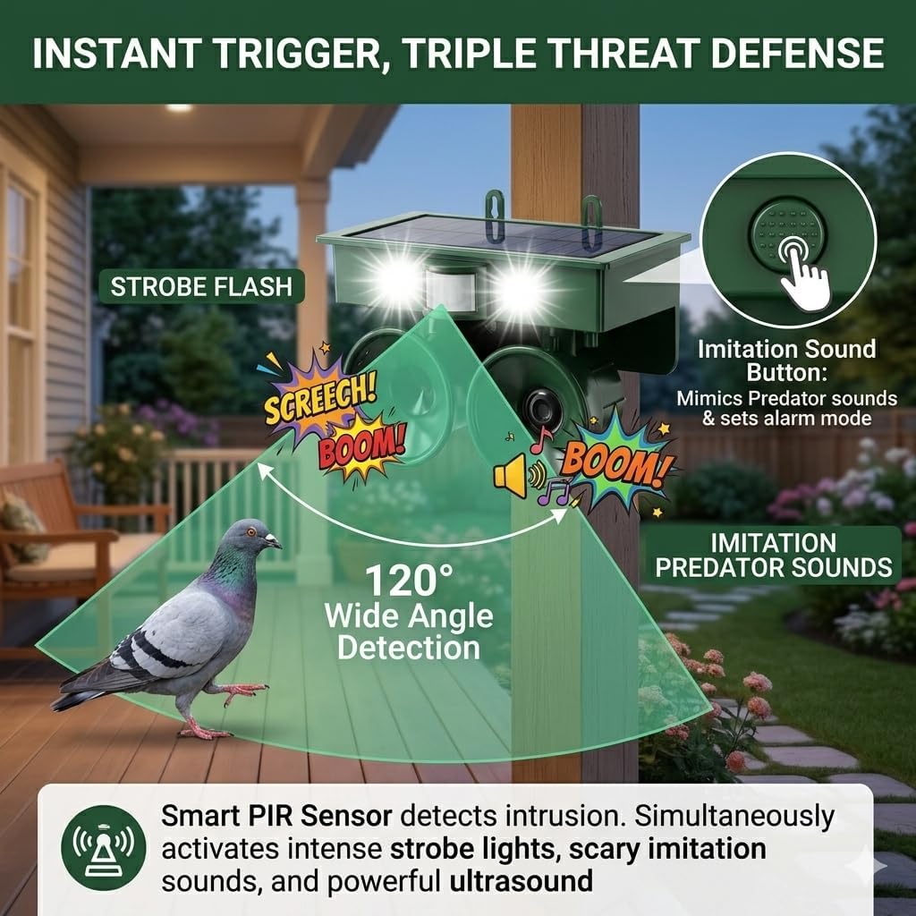 2026 Solar Ultrasonic Bird Repellent Devices Outdoor Woodpecker Deterrent for House Pigeon Goose Repellent with Motion-Sensor&Flash Light,IP65 Waterproof Bird Scare Devices for Balcony Porch Patio