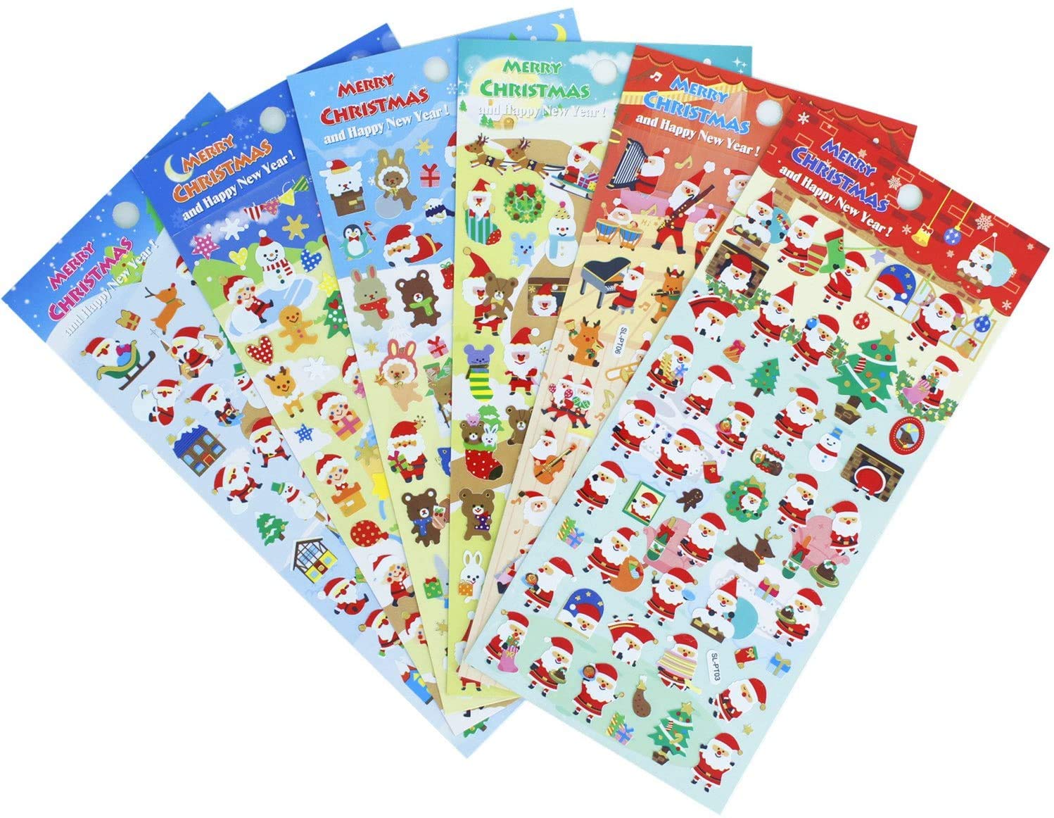 Jrancc Christmas Stickers 6 Sheets Elkglitter Sticker with Snowman Reindeer Tree Bear Santa Claus for Christmas Cards Scrapbook Decorations