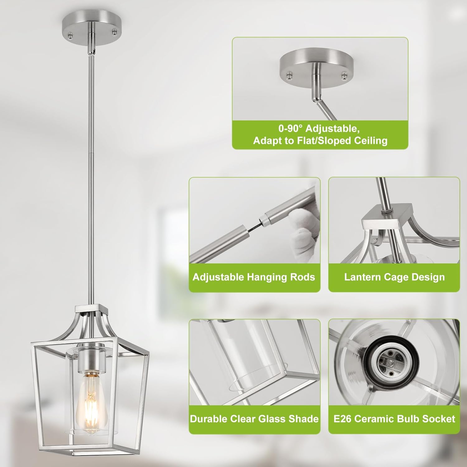 Brushed Nickel Lantern Pendant Light Fixture Pendant Lights for Kitchen Island with Clear Glass Shade, Adjustable Height Rods Pendant Lighting for Dining Room Kitchen Foyer Hallway