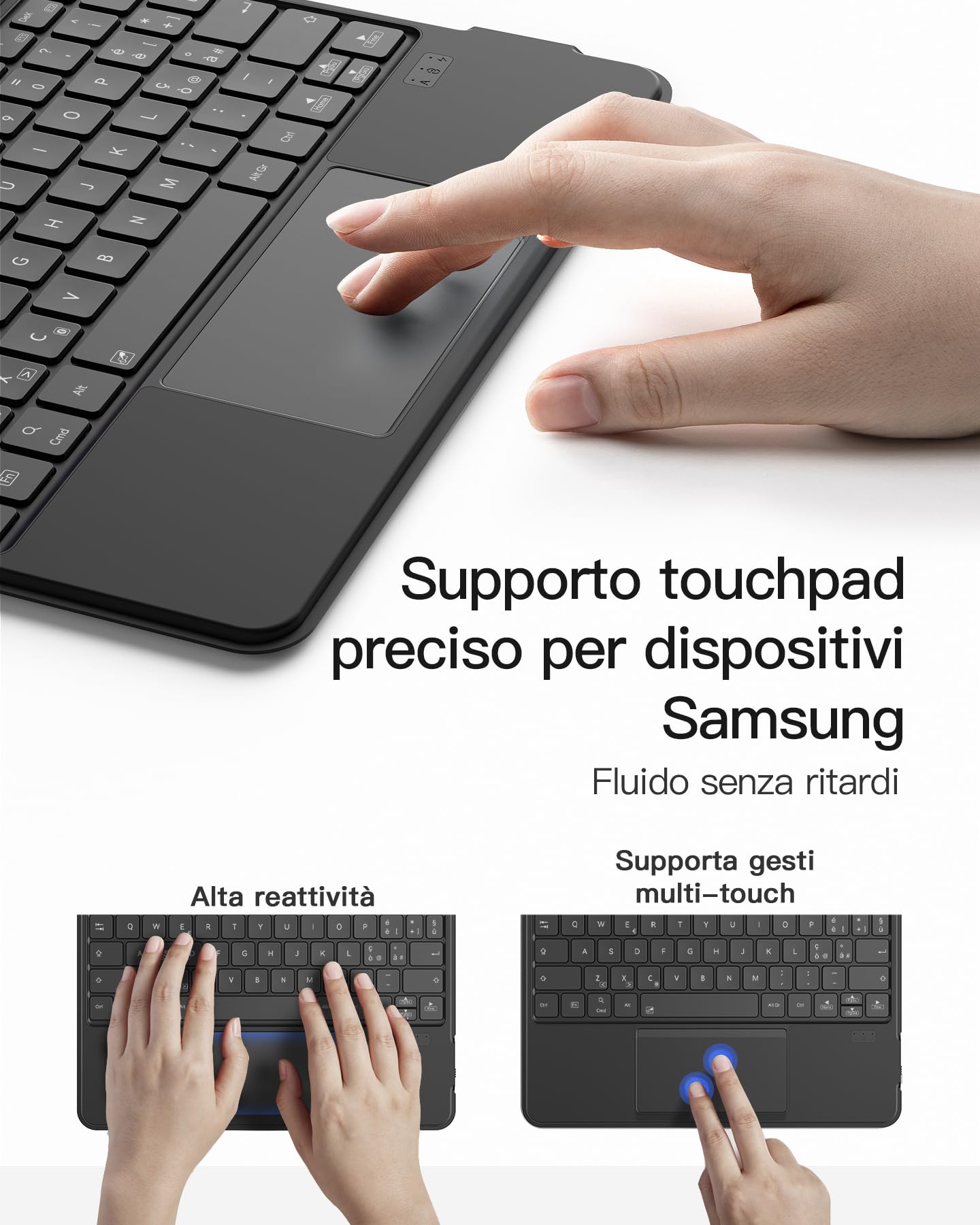Inateck Custodia con tastiera per Samsung Galaxy Tab S10 Lite/S10 FE/S9 FE/S9, tastiera per tablet verticale/orizzontale, supporto rimovibile, con touchpad, QWERTZ, AceTouch N0064
