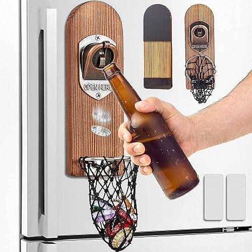 Miniatura 10 de LUCYLANKER Abrebotellas de cerveza montado en la pared con receptor de tapa magnética, abrebotellas magnético de madera para refrigerador, regalos