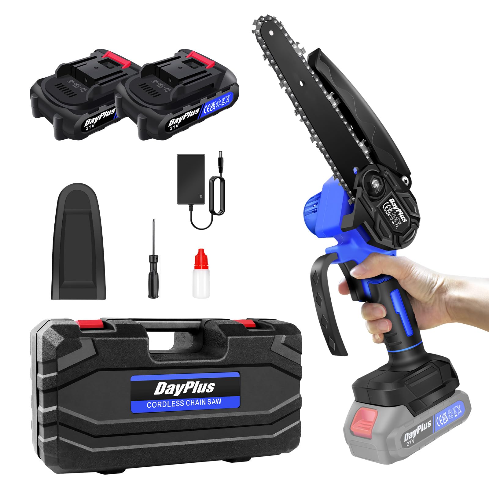 Mini Chainsaw Cordless 6 Inch with 2X1500mAH Battery, Powerful Electric Chainsaw with 1 Chain and Security Lock,Handheld Small Chain Saw for Wood Cutting Tree Trimming Gardening,Blue