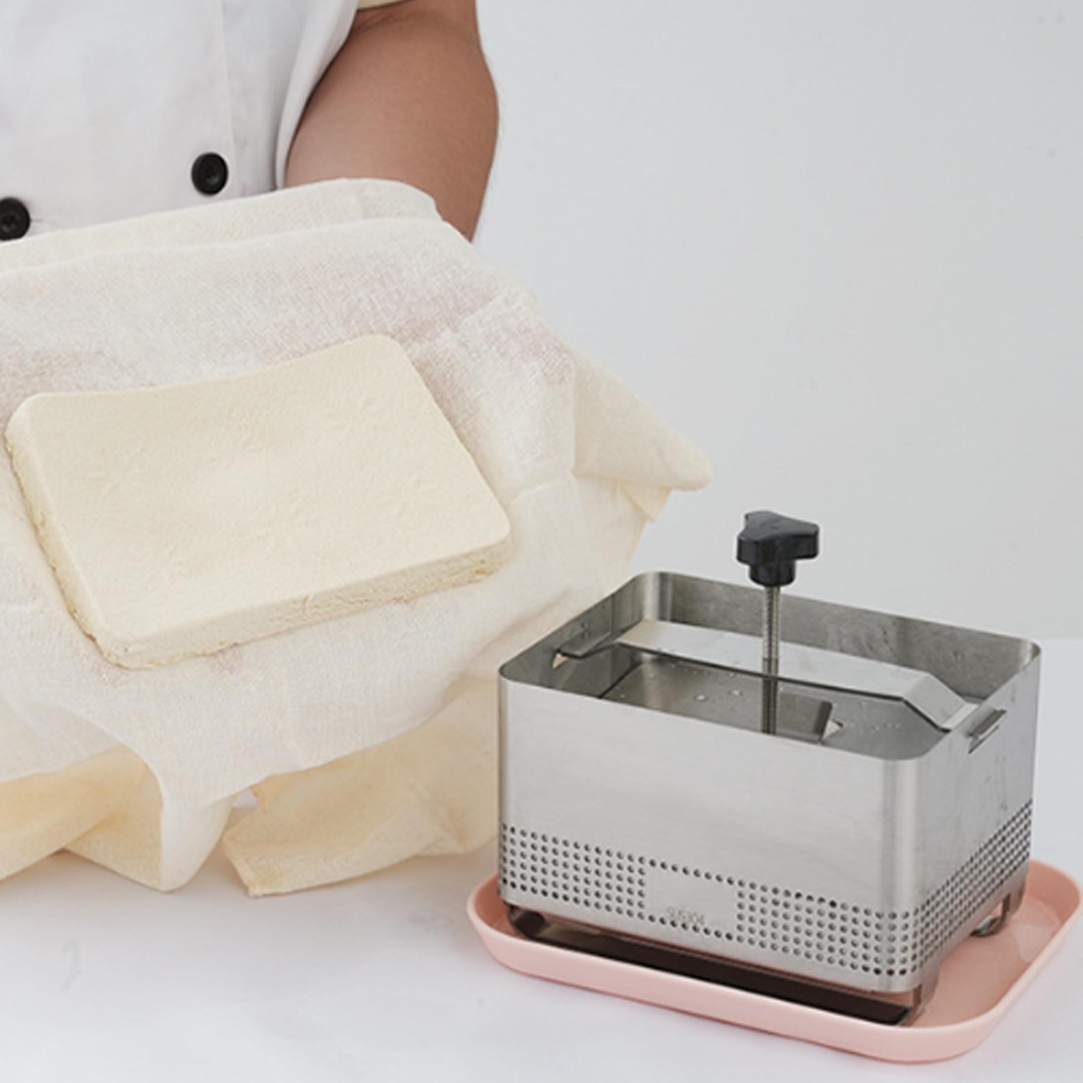 Tofu-Presse aus Edelstahl, Paneer- und Käsepresse – Schnellpress-Design mit Einstellbarer Dicke, inklusive Filterbeutel, Gaze und Abtropfschale, Tofu-Pressen