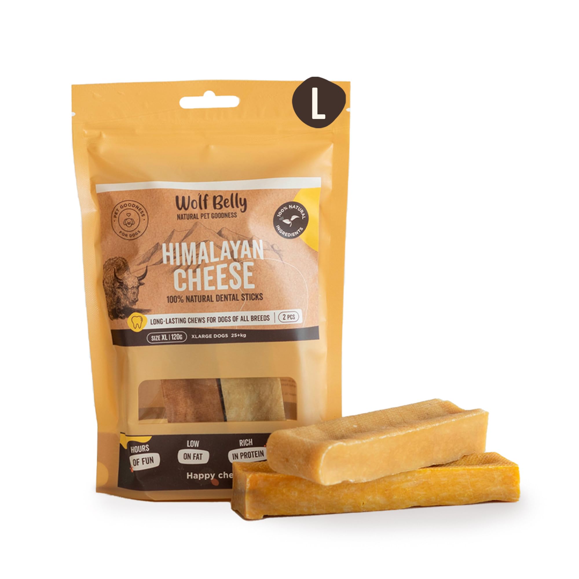 Wolf Belly - Chuches para Perros Queso 100% Natural (2 uds, Talla L) Churpi Perro Himalaya, Snacks para Perros Larga Duración, Premios para Perros sin Cereales, Stick Dental, Reduce Mal Aliento