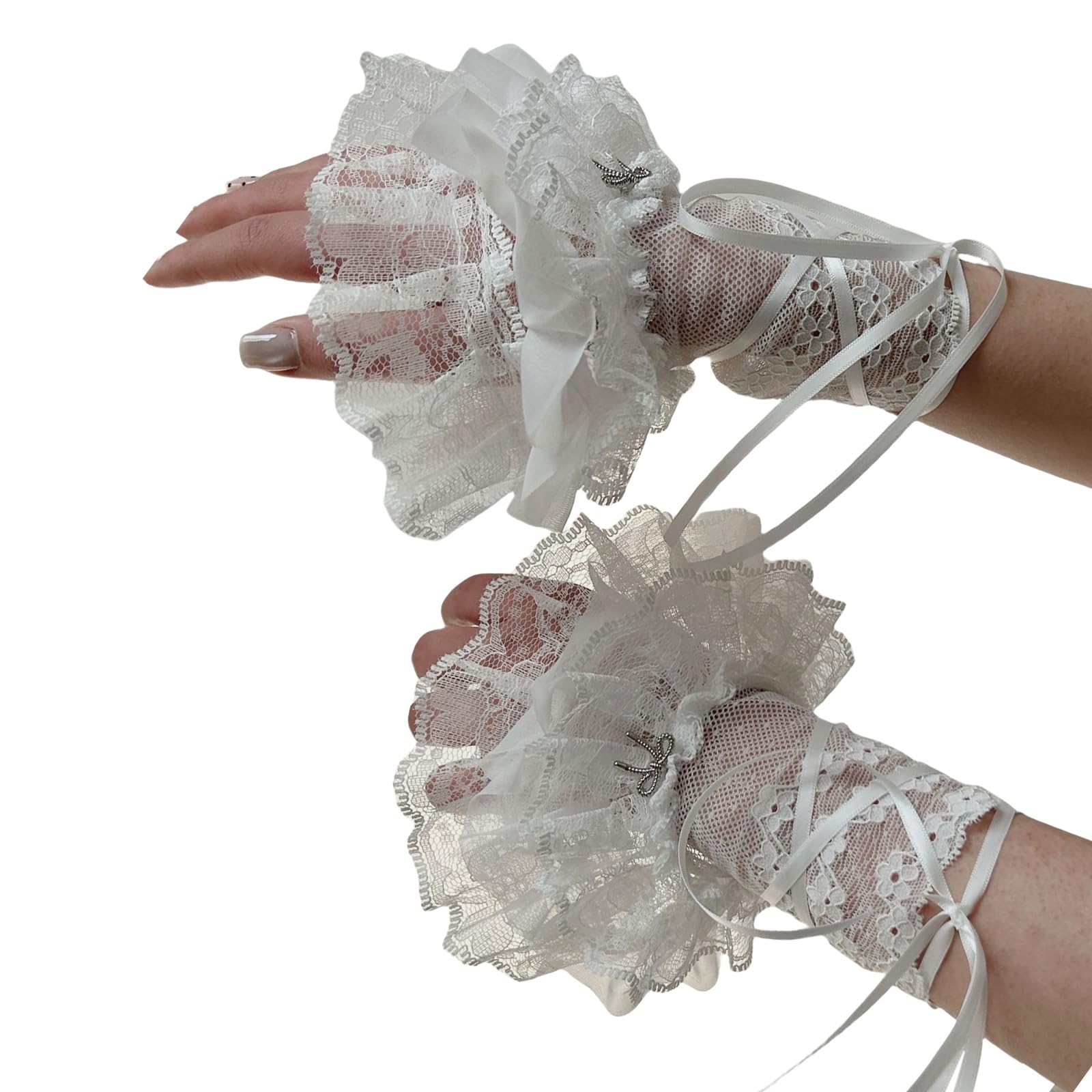Micfeny White Elaborate Ribbon Wrist Cuffs Detachable Wristband Elegant Pleated Lace Brim False Wristband For Balletcore Accessories