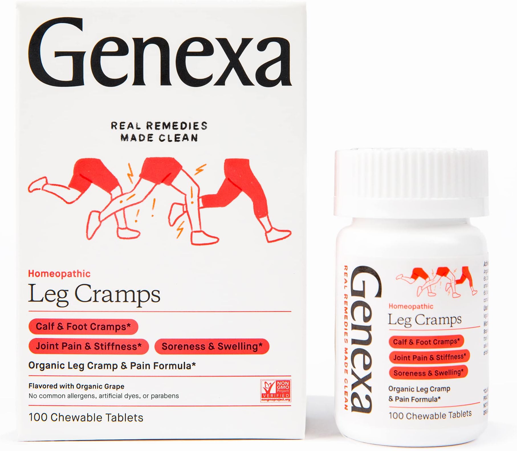 Genexa Leg Cramps Relief | Foot Cramp Defense, Joint Pain & Stiffness, Soreness & Swelling | Soothing Organic Grape Flavor | Vegan & Non-GMO | Homeopathic Remedy Made Clean | 100 Chewable Tablets