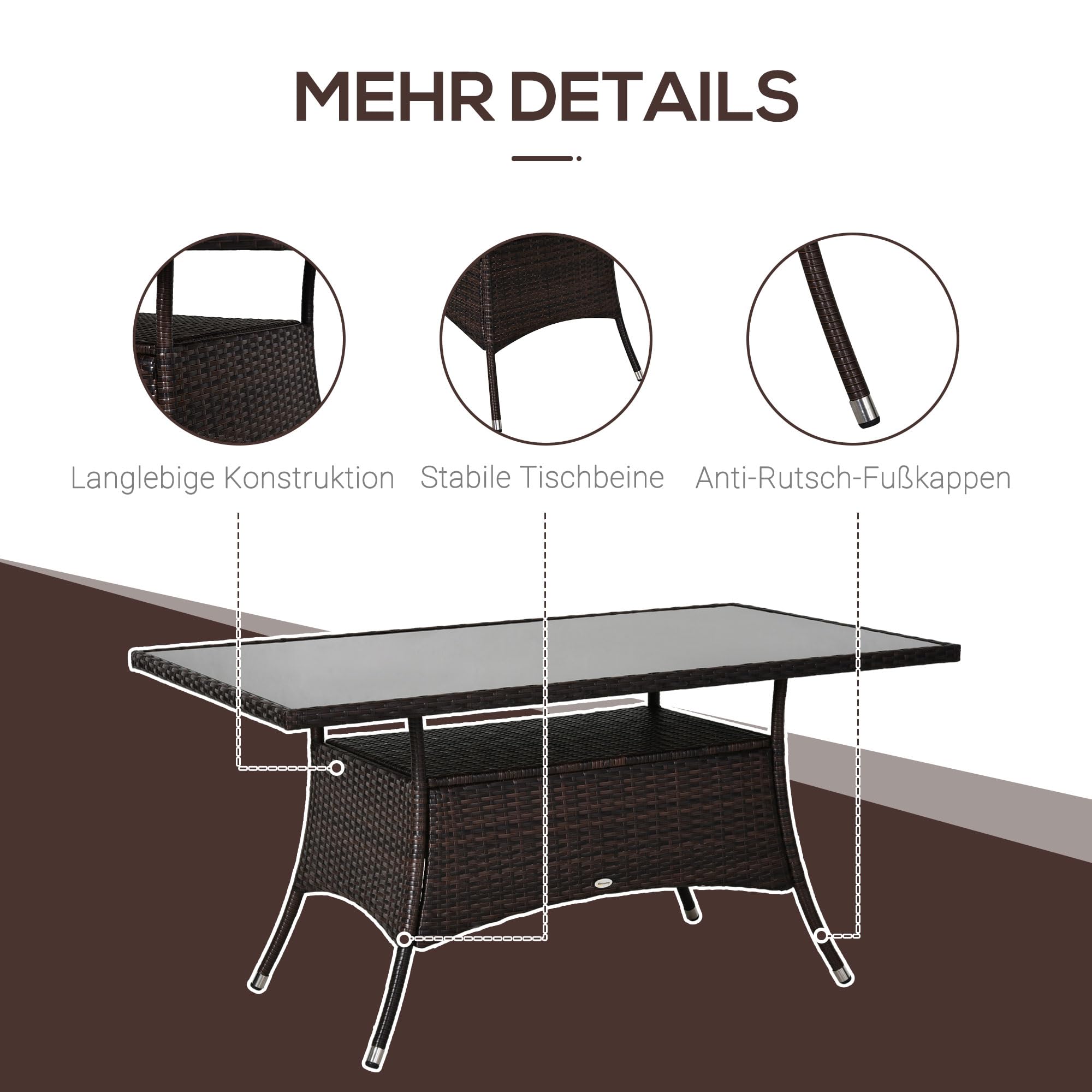 Outsunny Gartentisch Glastisch Esstisch Gartenmöbel Tisch, Polyrattan+Sicherheitsglas, Braun, 150x85x74cm