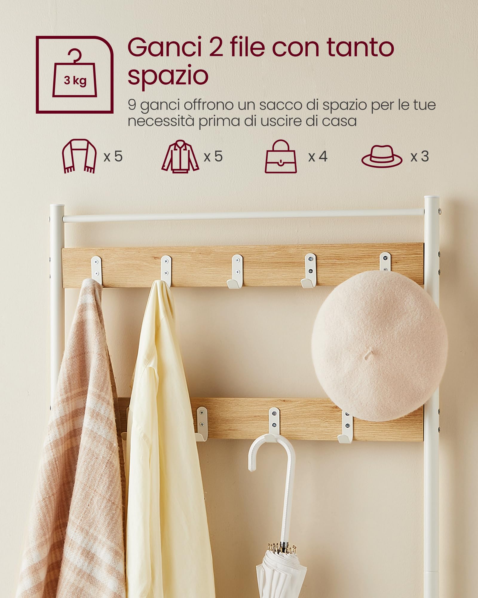 VASAGLE Appendiabiti con Scarpiera, Mobile da Ingresso con Panca, 3 in 1, Struttura in Acciaio, per Entrata Corridoio, 32 x 70 x 177 cm, Stile Moderno, Rovere e Crema HSR041W09