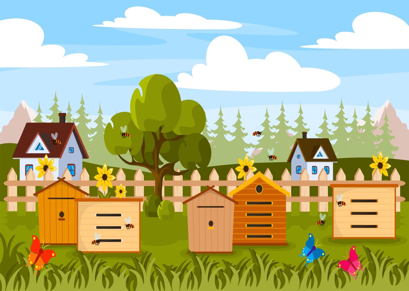 BELECO 3.6x2.5m Telo sfondo apiario campestre | Api cartoon alveari girasoli farfalle prato fattoria sfondo tema api miele compleanno bimbi accessori foto