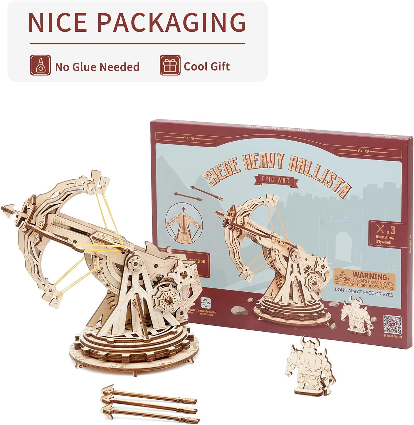 ROBOTIME Siege Heavy Ballista 3D Wooden Puzzle kit contents including wooden sheets, instructions, and accessories