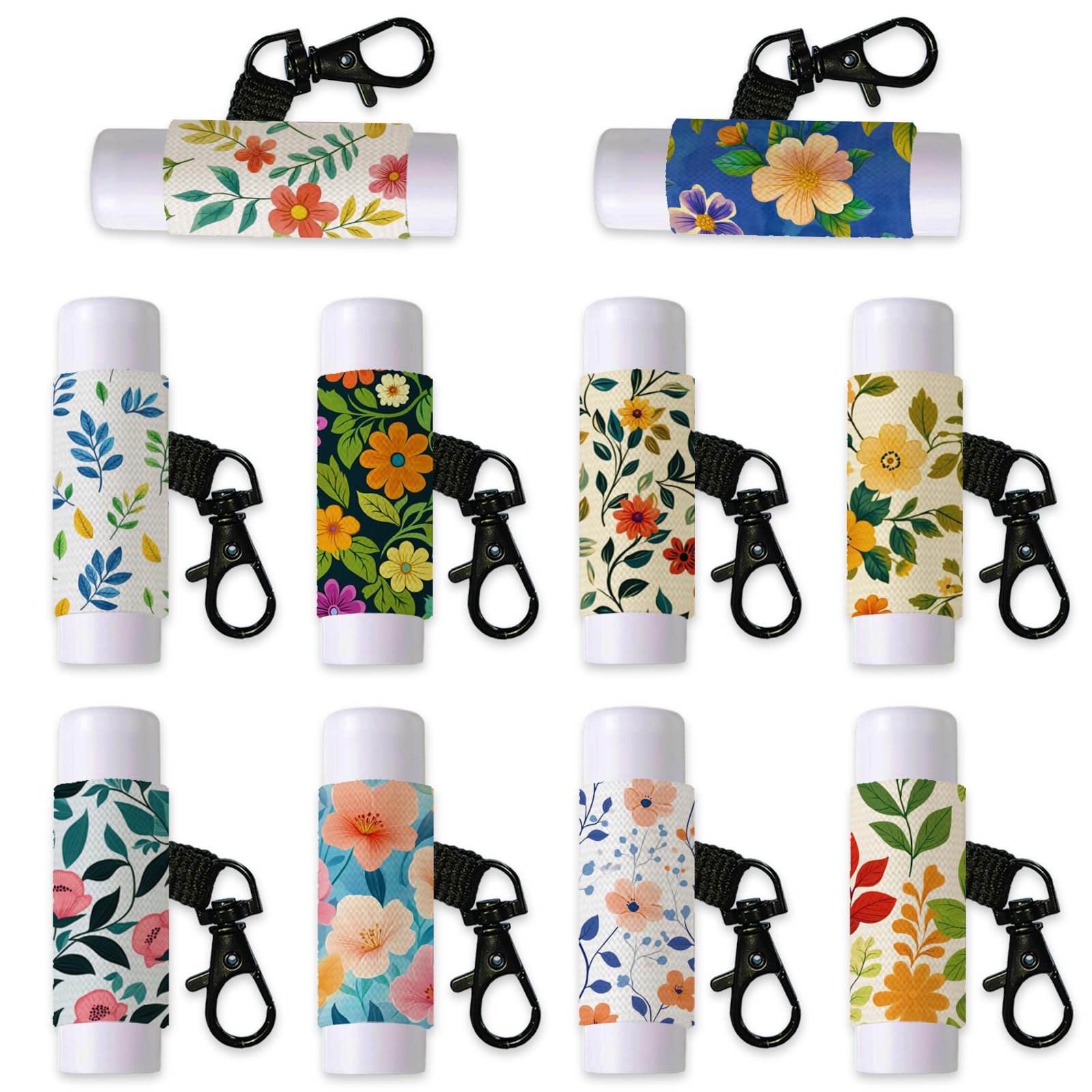 DELORIGIN 10pcs Plants Flowers Lip Balm Holder Keychain Leaves Lipstick Sleeves with Metel Clasp Chapstick Elastic Sleeves Lip Gloss Keychain Holder for Lip Balm Chap Stick Storage