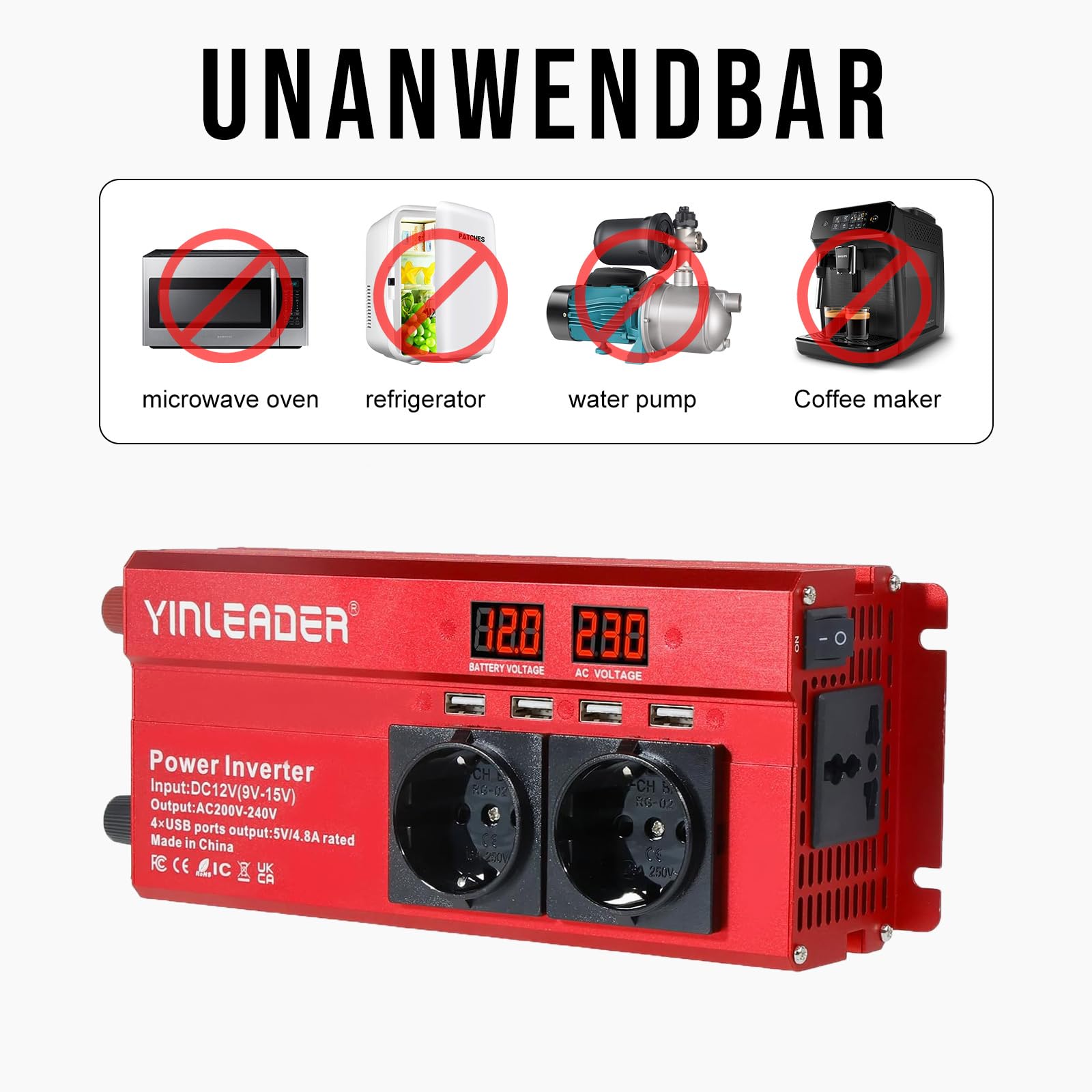 Transformador de voltaje 12 V 230 V 1000 W/2000 W con inversor, 2 enchufes, 4 USB, pantalla LED de voltaje