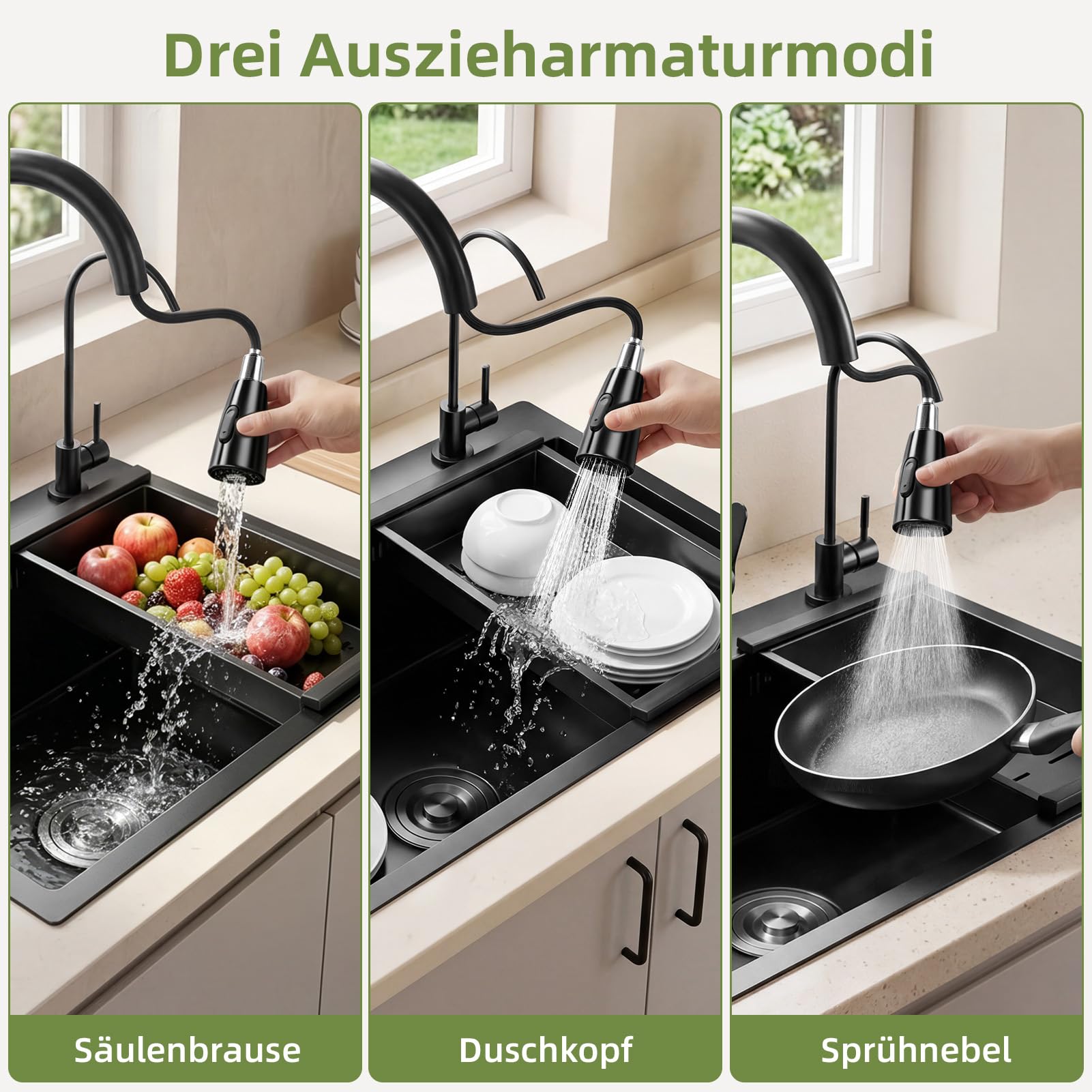Schwarz Titan Einbecken Küchenspüle 55x45cm 3mm mit 3 Strahlmodi | 304 Edelstahl Spülbecken Set mit Ausziehhahn, Wasserfilteranschluss, Ablaufgarnitur, 3/8 Auf 1/2 Eckventile