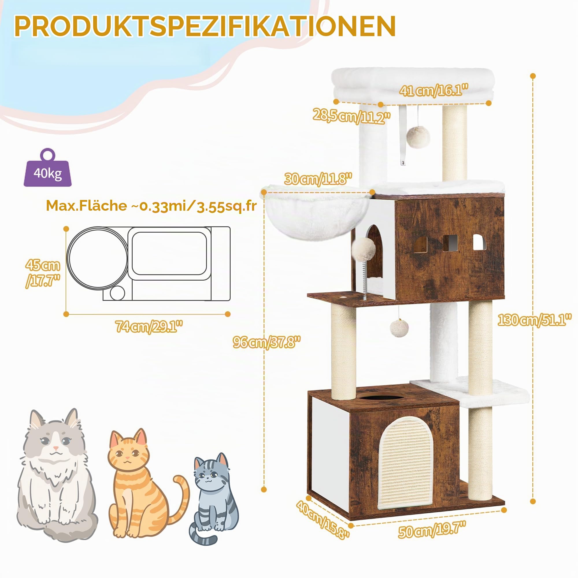 Hzuaneri 130 cm Kratzbaum, mehrstöckiger Holz Katzenbaum, Vintagebraun