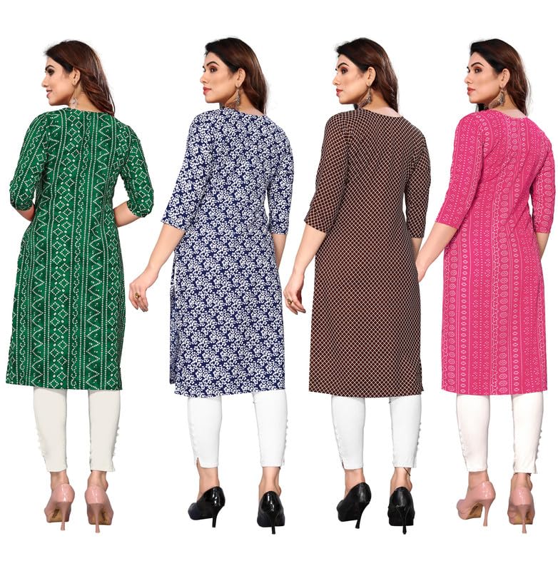 Image of JAKHANA Women's Crepe Printed Casual Straight Calf Length Round Nick Kurta Pack of 4