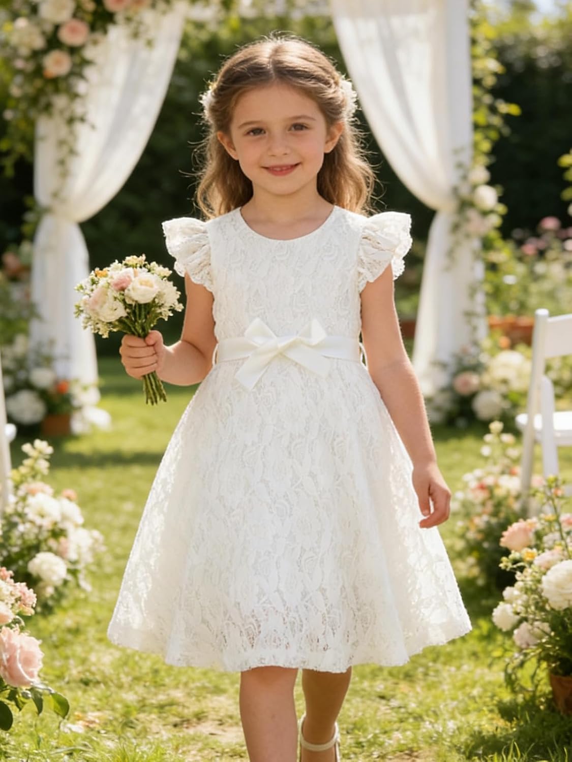 Elegant Lace Crew Neck Wedding Party Flower Girl Dress