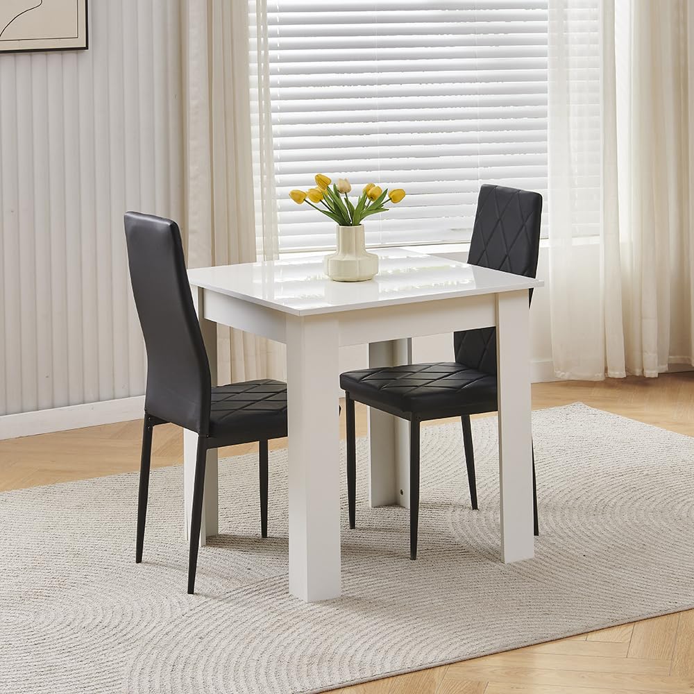 NICEME Compact Dining Table and 2 Chairs, Small Dining Room Set for 2 Seater Kitchen Table with Chairs for Small Space Saving, Glossing Tabletop 75x75 cm (White Table, 2 Seats, PVC Black #2)