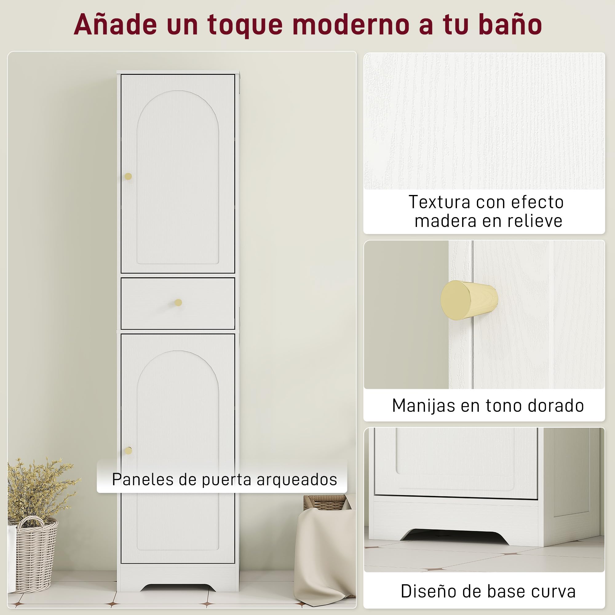 HOMCOM Armario Alto de Baño Estrecho Cajón 40x29,5x170 cm Blanco Veteado | 2 Puertas Arqueadas, Estantes Ajustables, Columna de Baño, Estilo Moderno, para Salón Aseo Cocina