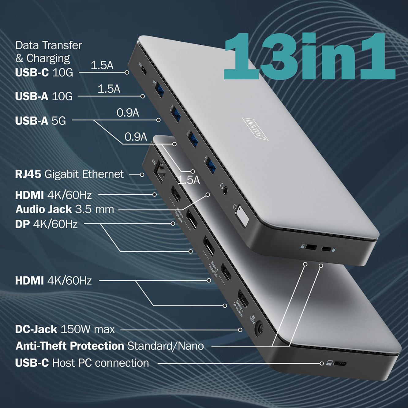 DIGITUS Station d'accueil USB-C – 13 Ports – 3X HDMI, 2X DP UHD 4K 60 Hz