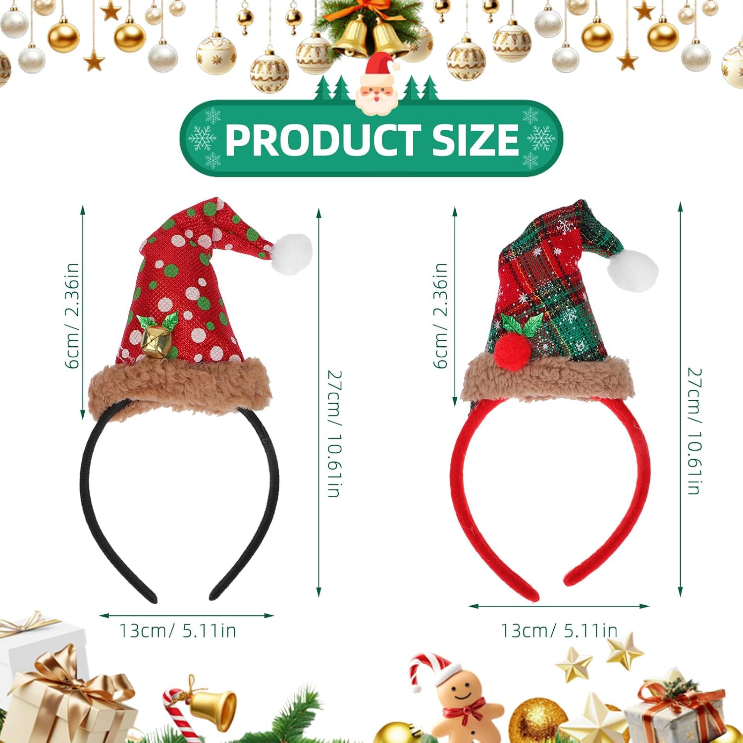2pcs Santa Hat Headband: Christmas Party Decor Hair Hoops for Women Xmas Hair Accessories for Holiday Favors Photo Booth Props (red/green) - Image 6
