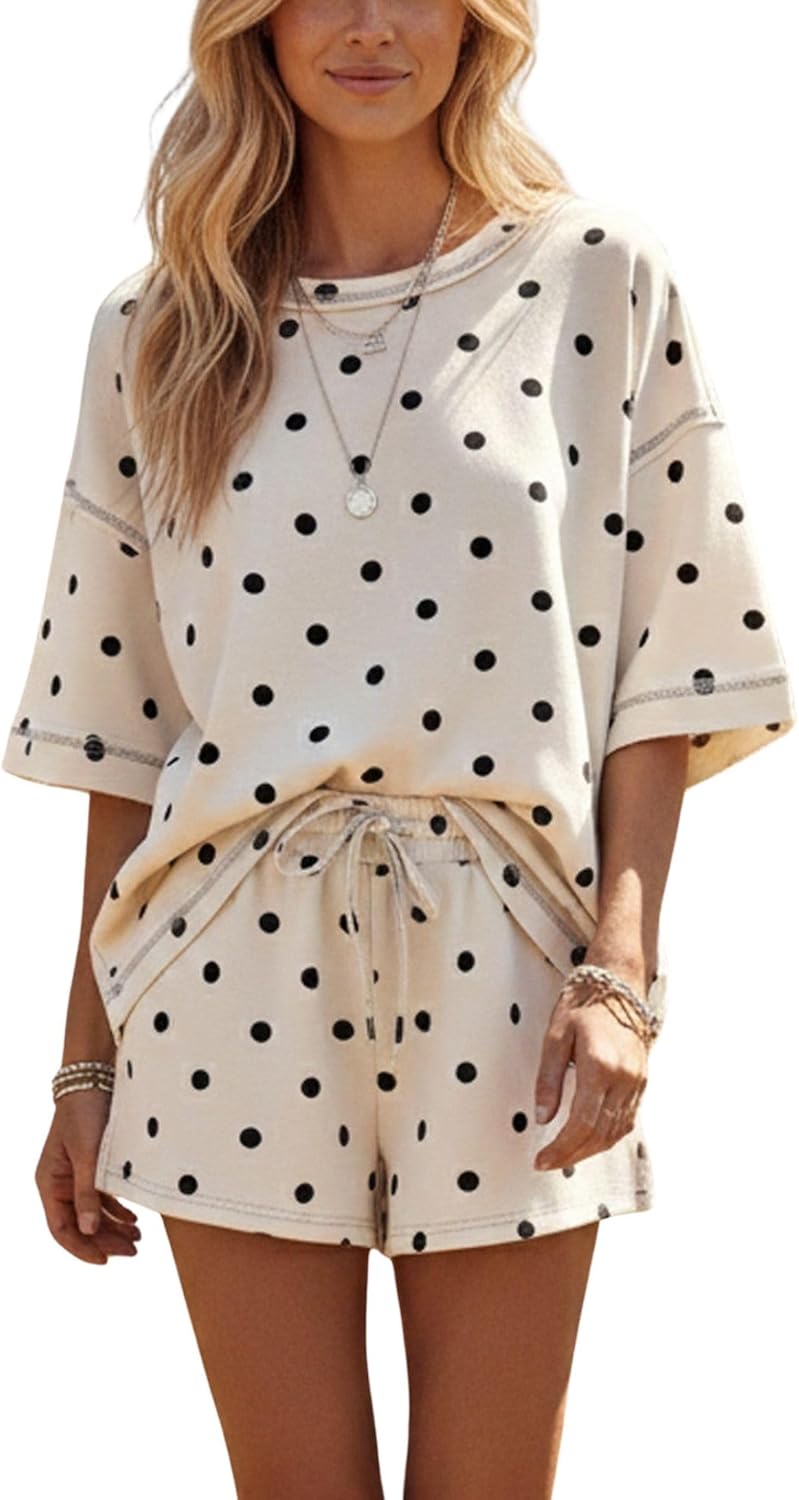 Polka Dot Two Piece Set for Women Short Sleeve Pullover Top Shorts Lounge Set Summer Casual Matching Vacation Outfits