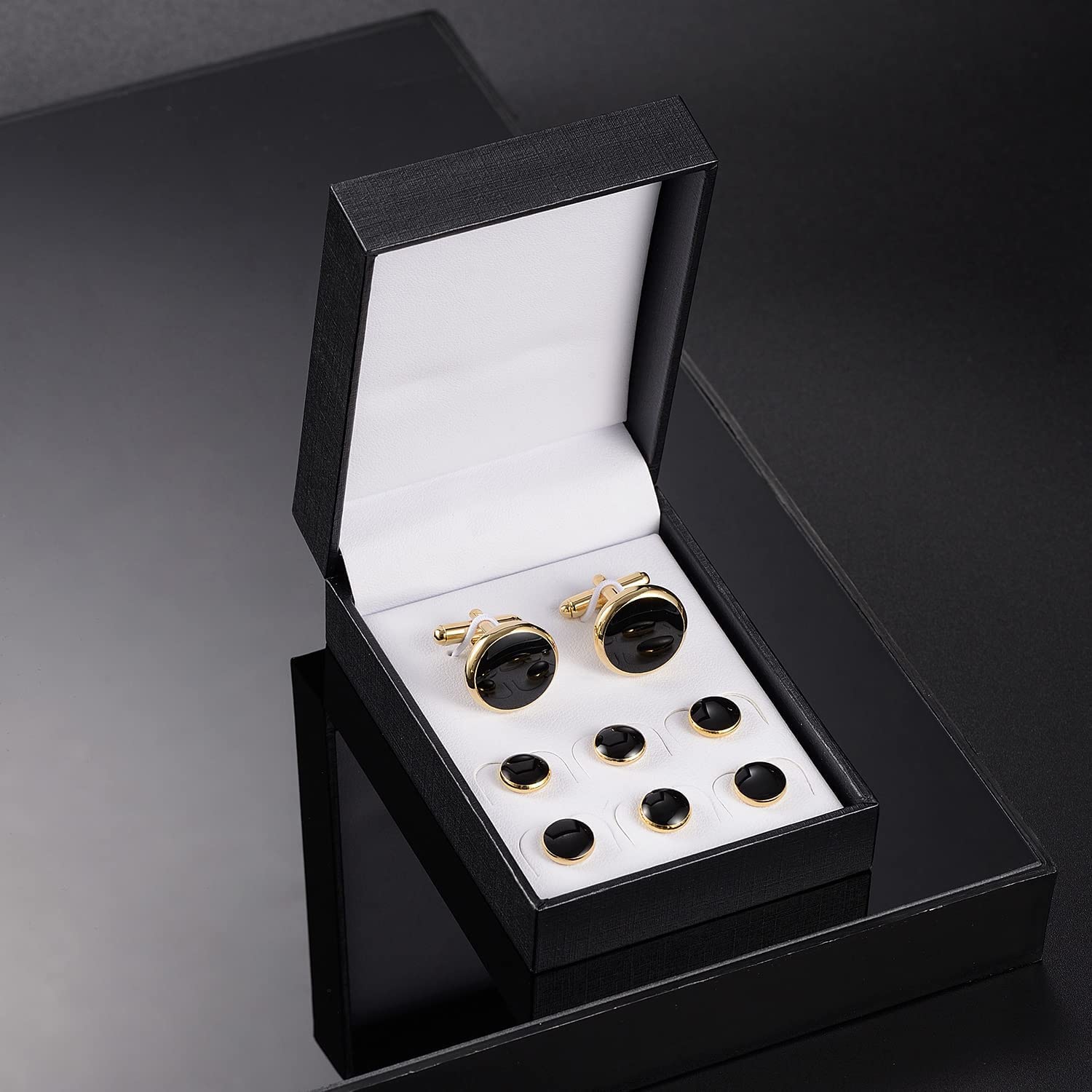 Set di gemelli e borchie, 1 paio di gemelli e 3 paia di borchie da smoking, kit di gioielli da uomo con confezione regalo, eleganti bottoni per camicia con scatola per gemelli, panno nero per la