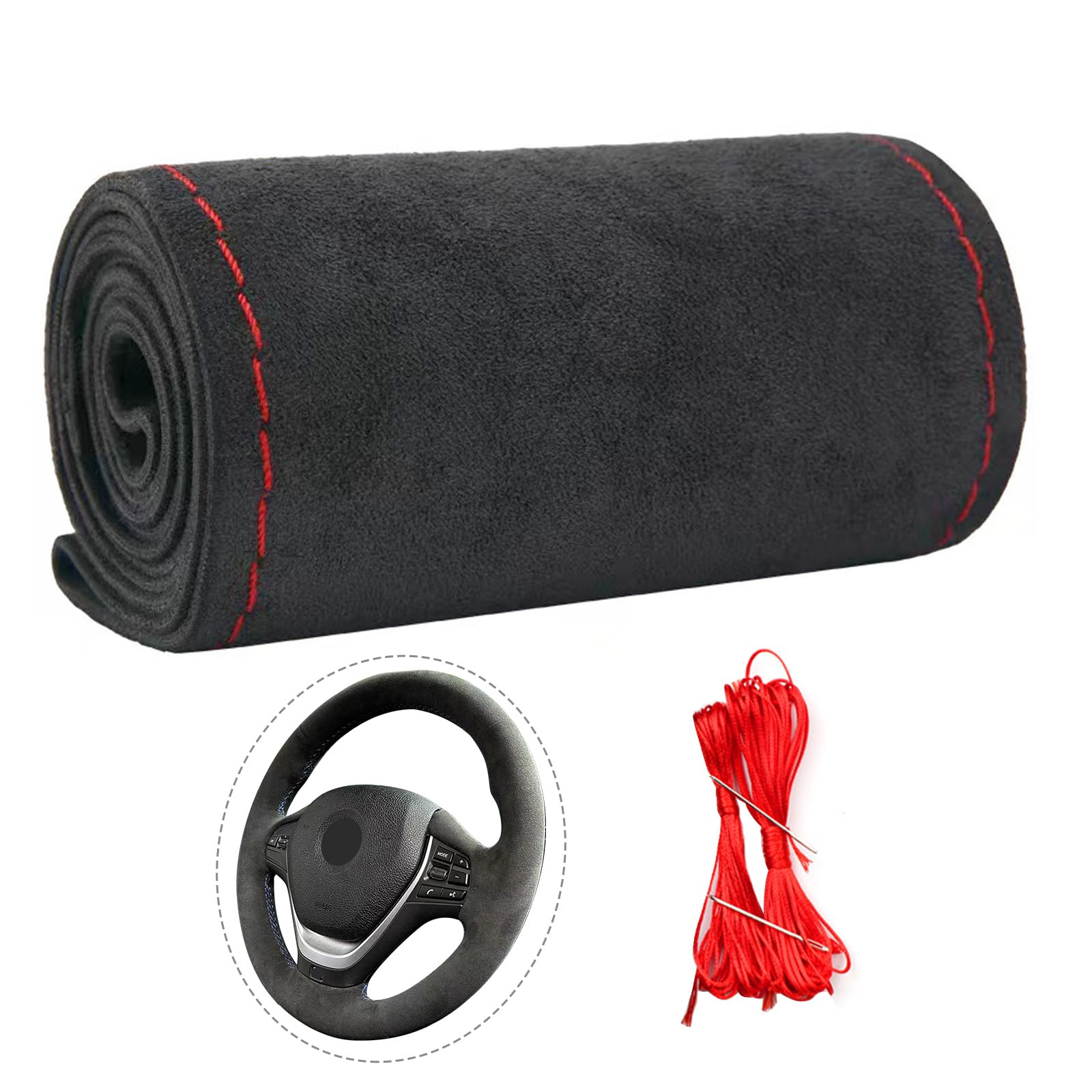 Funda de volante de gamuza, para coser a mano, con hilo de aguja, varios colores, transpirable, de piel de vaca, antideslizante, se adapta a 14, 5 y 15 pulgadas, cómoda y duradera para usar todo el año.
