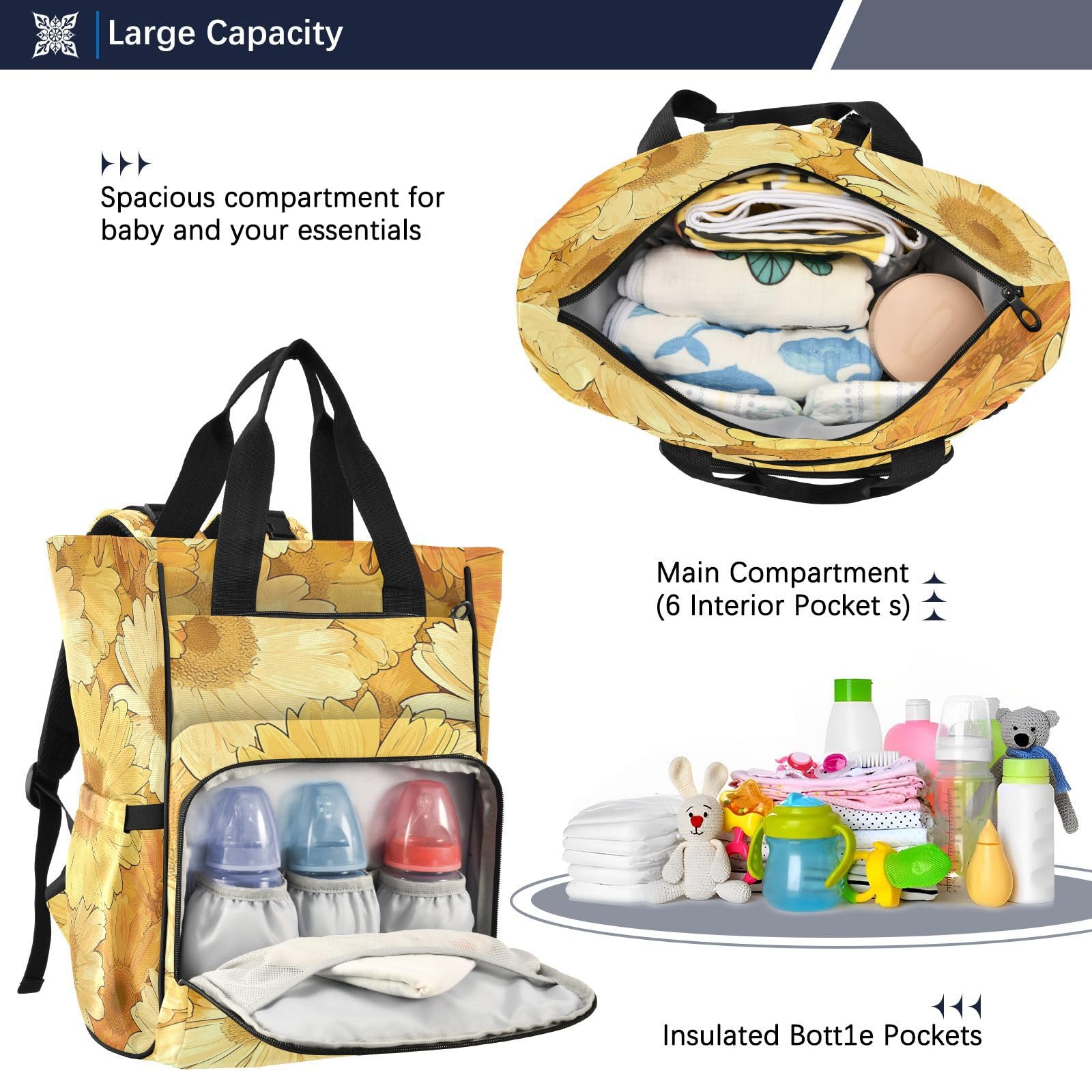 Girasol De La Pintura Del Arte Mochilas de Pañales para Gran Capacidad Pañal Bolso Mochila para Viajar al Aire Libre Mamá y Papá