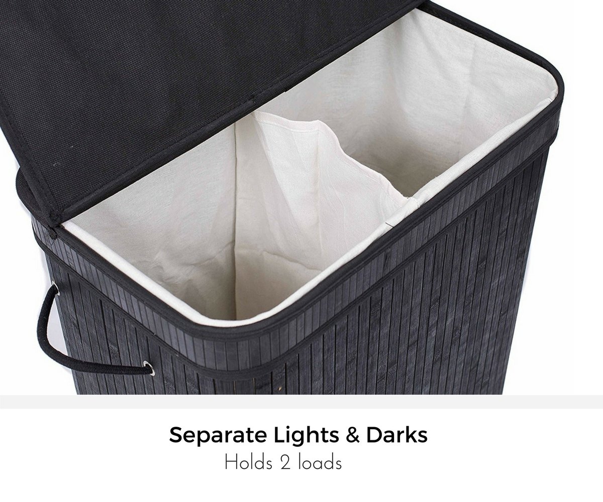BIRDROCK HOME Double Laundry Hamper with Lid and Cloth Liner - Bamboo - Black - Easily Transport Laundry Basket - 2 Section Collapsible Hamper - String Handles product thumbnail 3