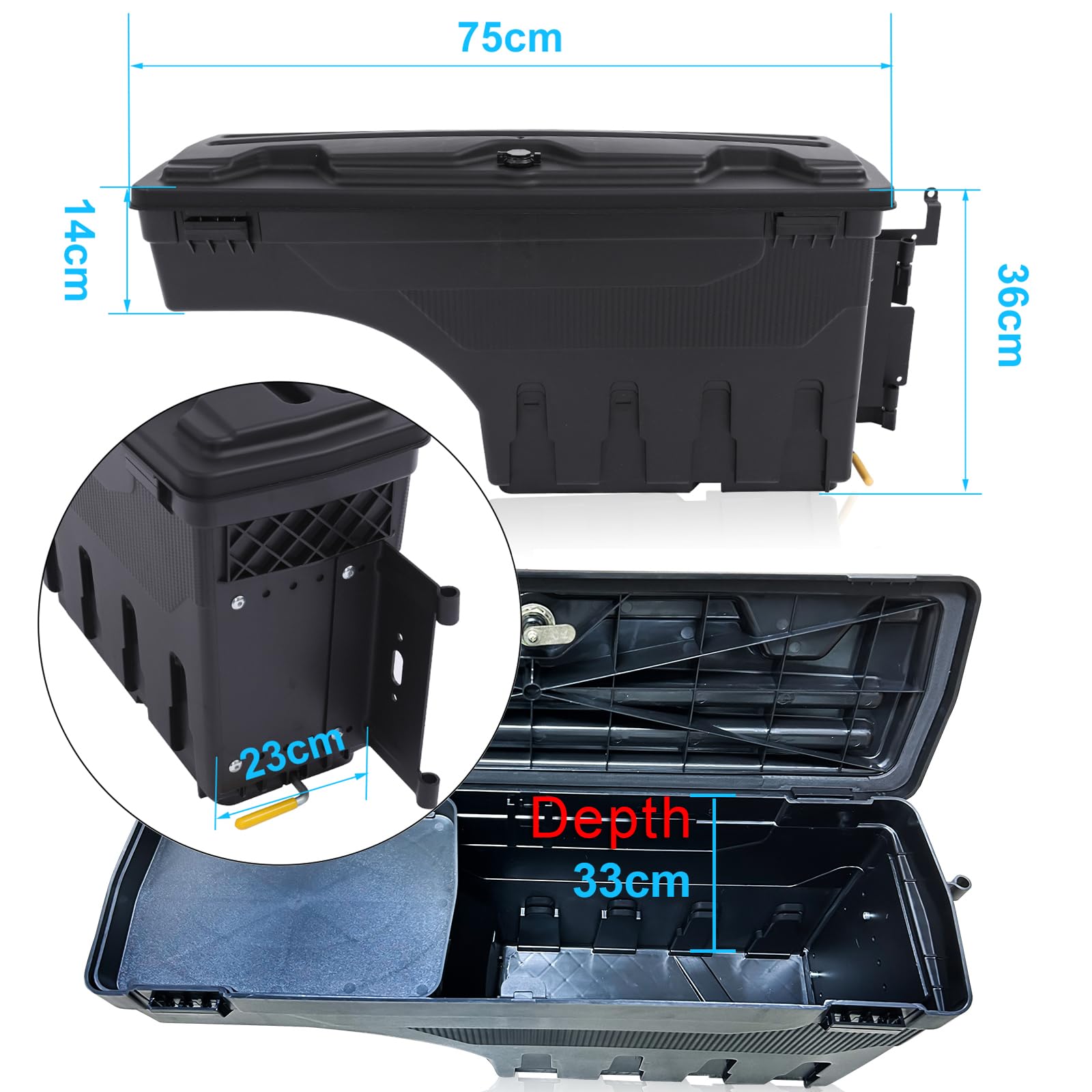 Caja de herramientas de almacenamiento para Ford Accesorios | T7 T8 Wildtrak XL XLT Platinum Tremor Raptor, caja de almacenamiento con cerradura de 180° (lado derecho)