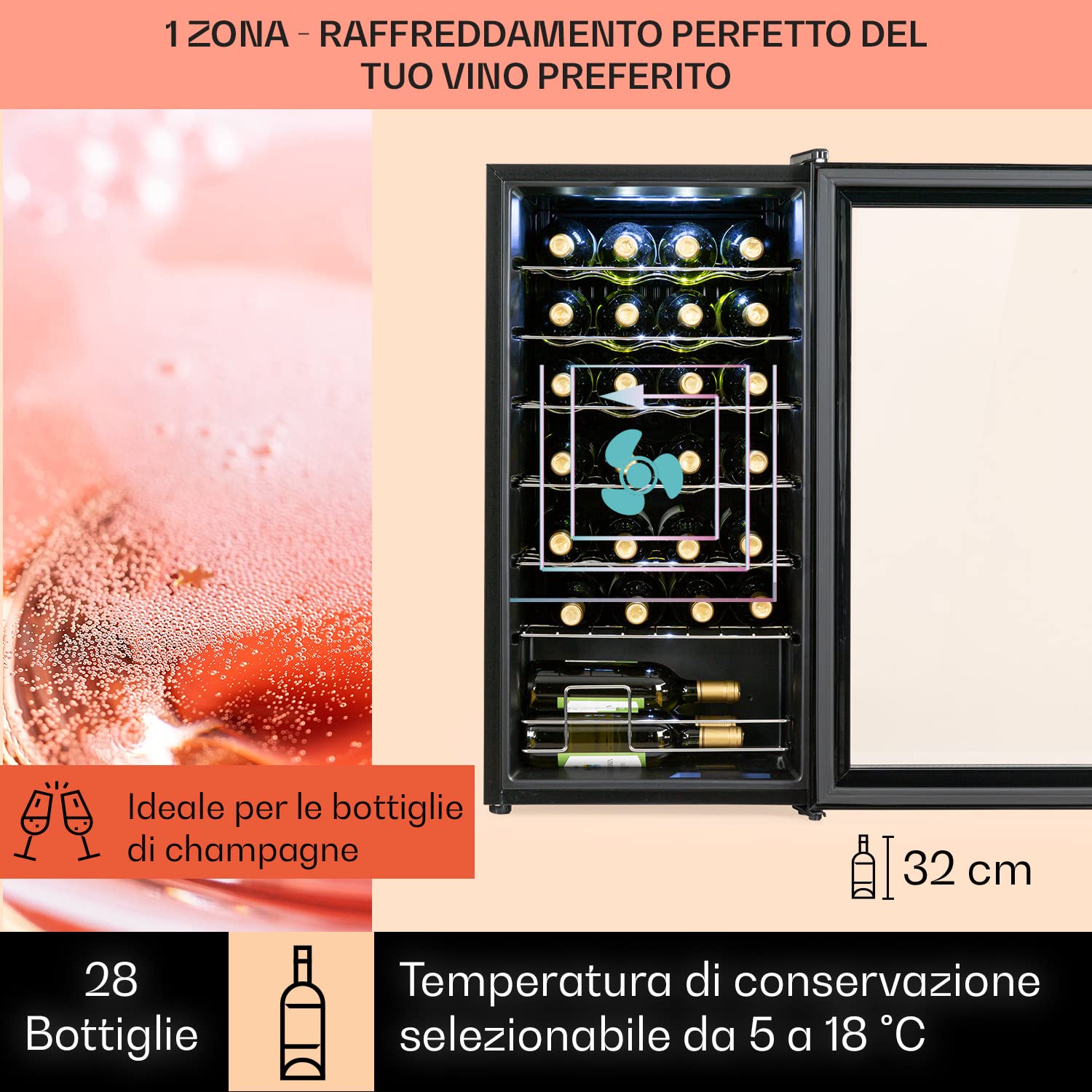 KLARSTEIN Cantinetta Vino Design, Cantinetta Vino Refrigerata a Zona Singola per Vino Rosso, Bianco e Birra, Controlli Touch, Frigo Vino Cantinetta per Esterno/Interno, 5-18°C, 74L, 28 Bottiglie