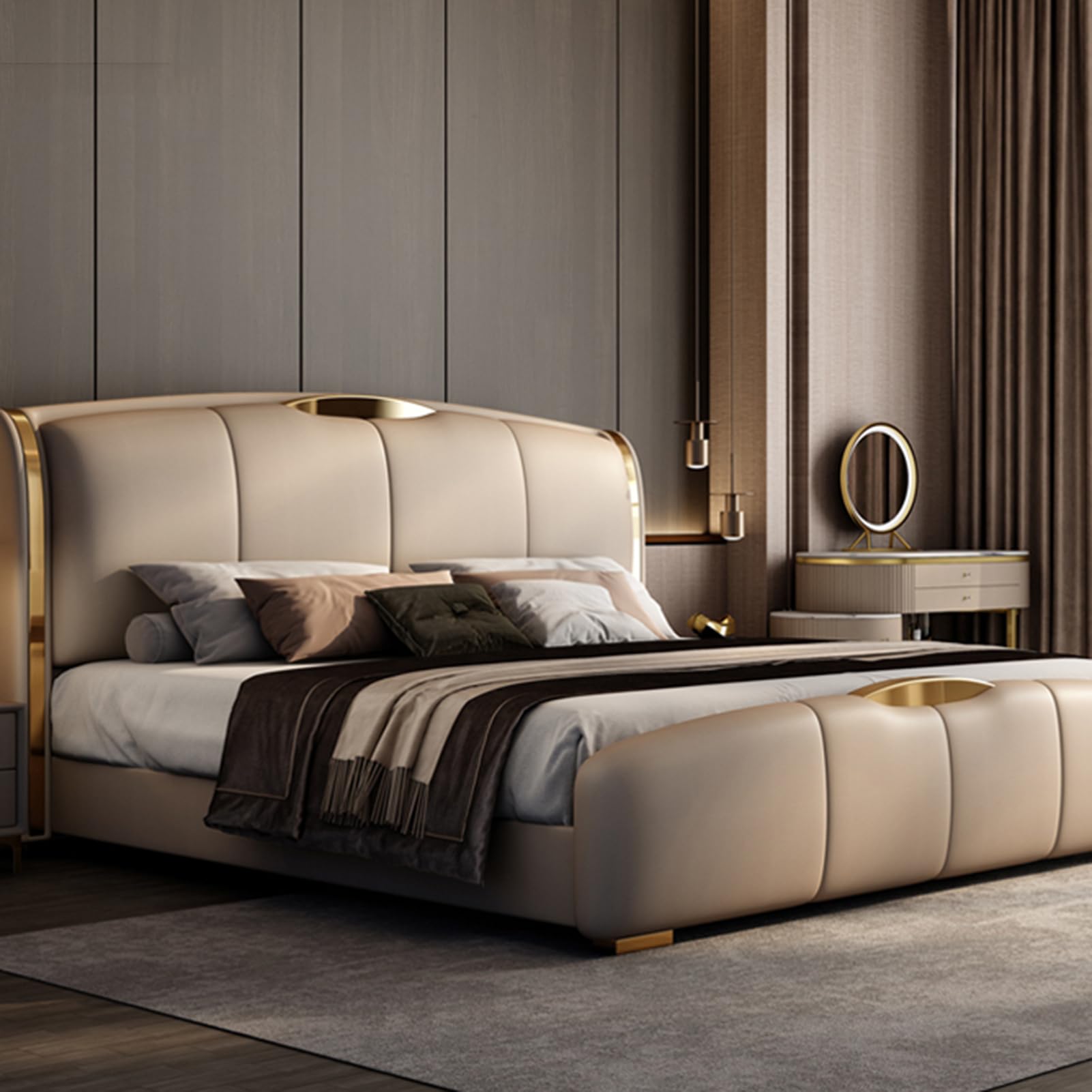 King Size Upholstered Platform Bed Frame with Wingback Headboard and Drawers Wooden Slats Support No Box Spring Needed