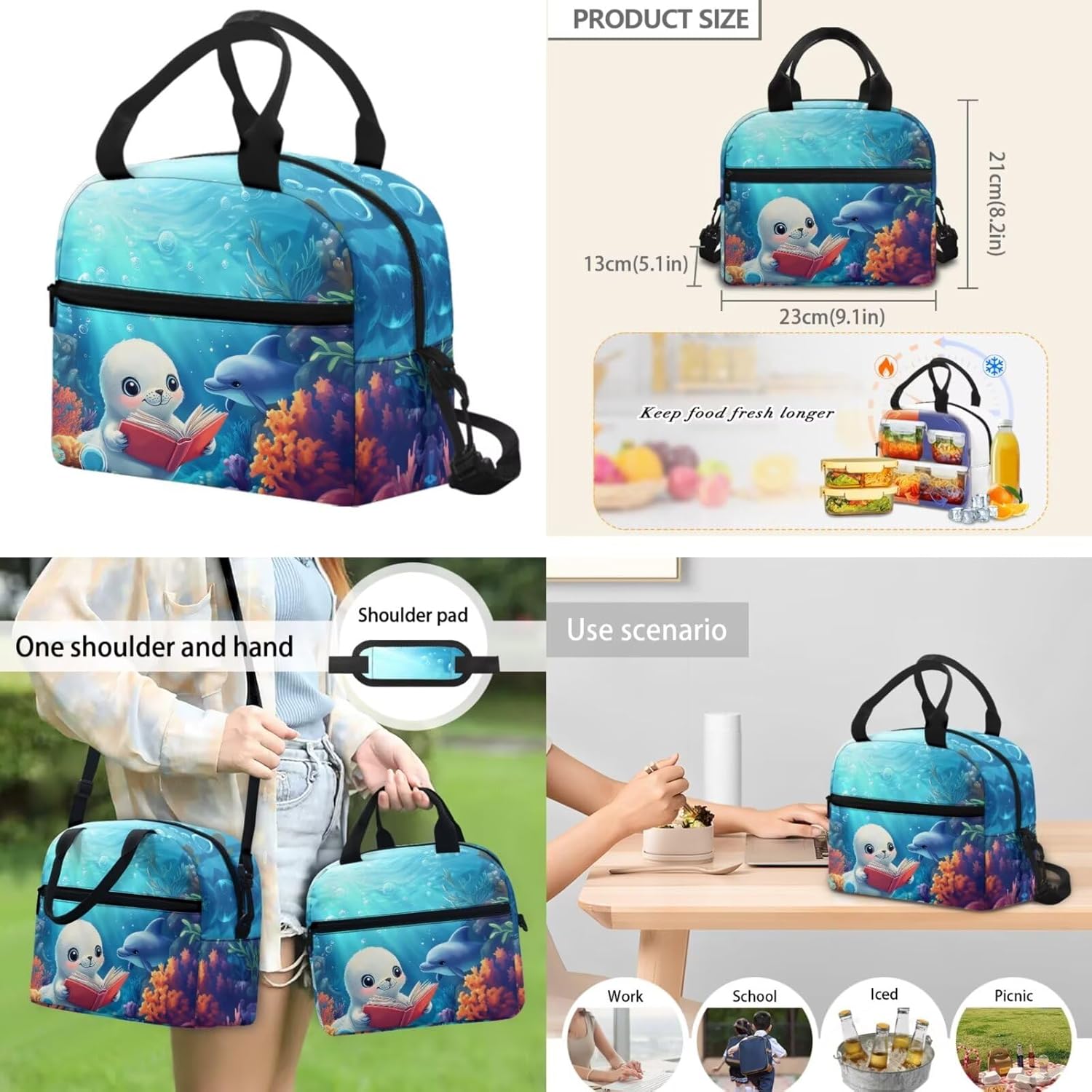 BIGCARJOB Sea Lion Backpack for Girls - School Bags Set with Lunch Box - Back to School Pencil Case - Kids Bookmark Water Bottle Carrier - 5 Piece Bookbag Set for 6th Grade Student
