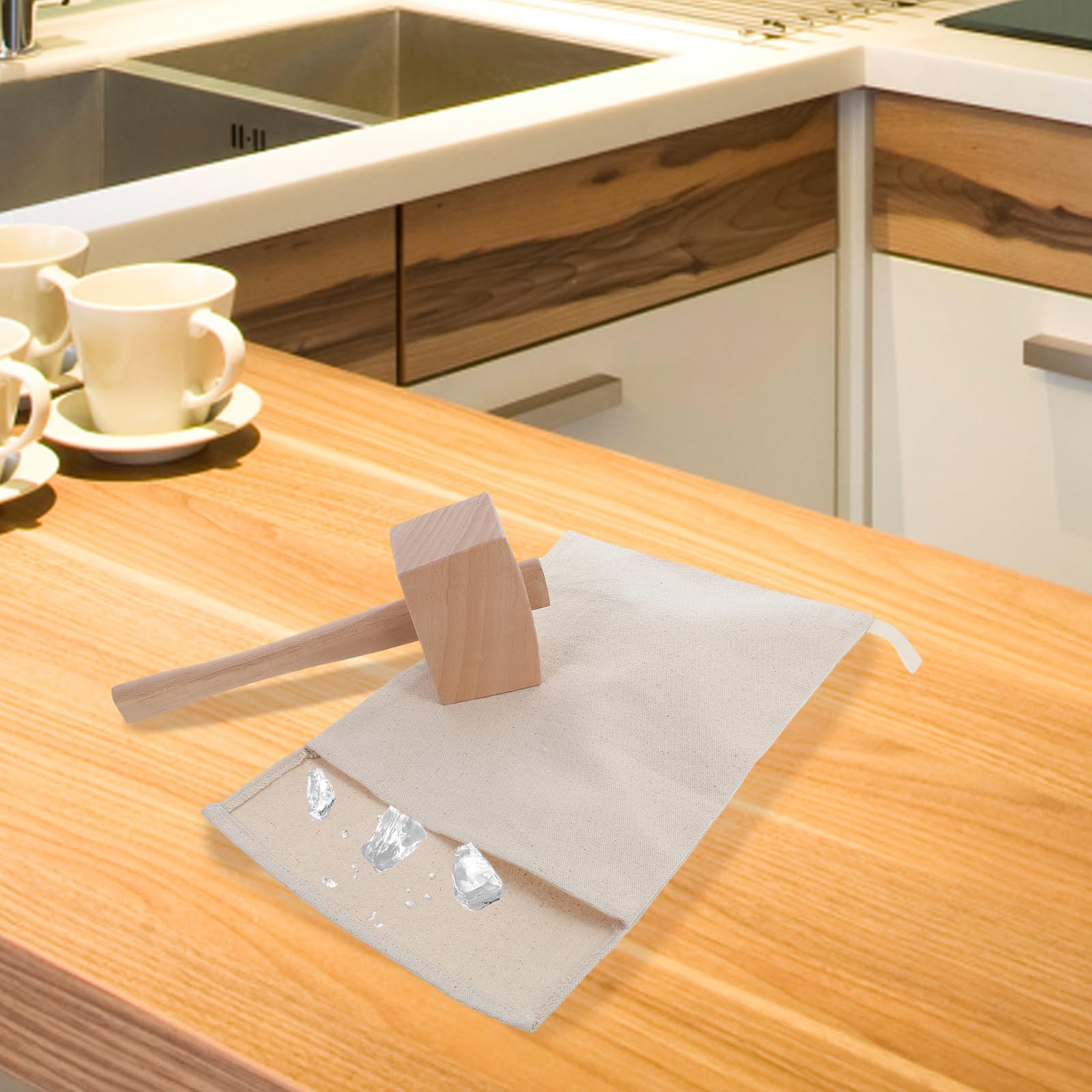 LOGOFUN 2PCS Reusable Canvas Ice Crushing Bag Cotton Fabric Bag with Wooden Mallet for Home Bars Restaurants Kitchen Bartender Accessories